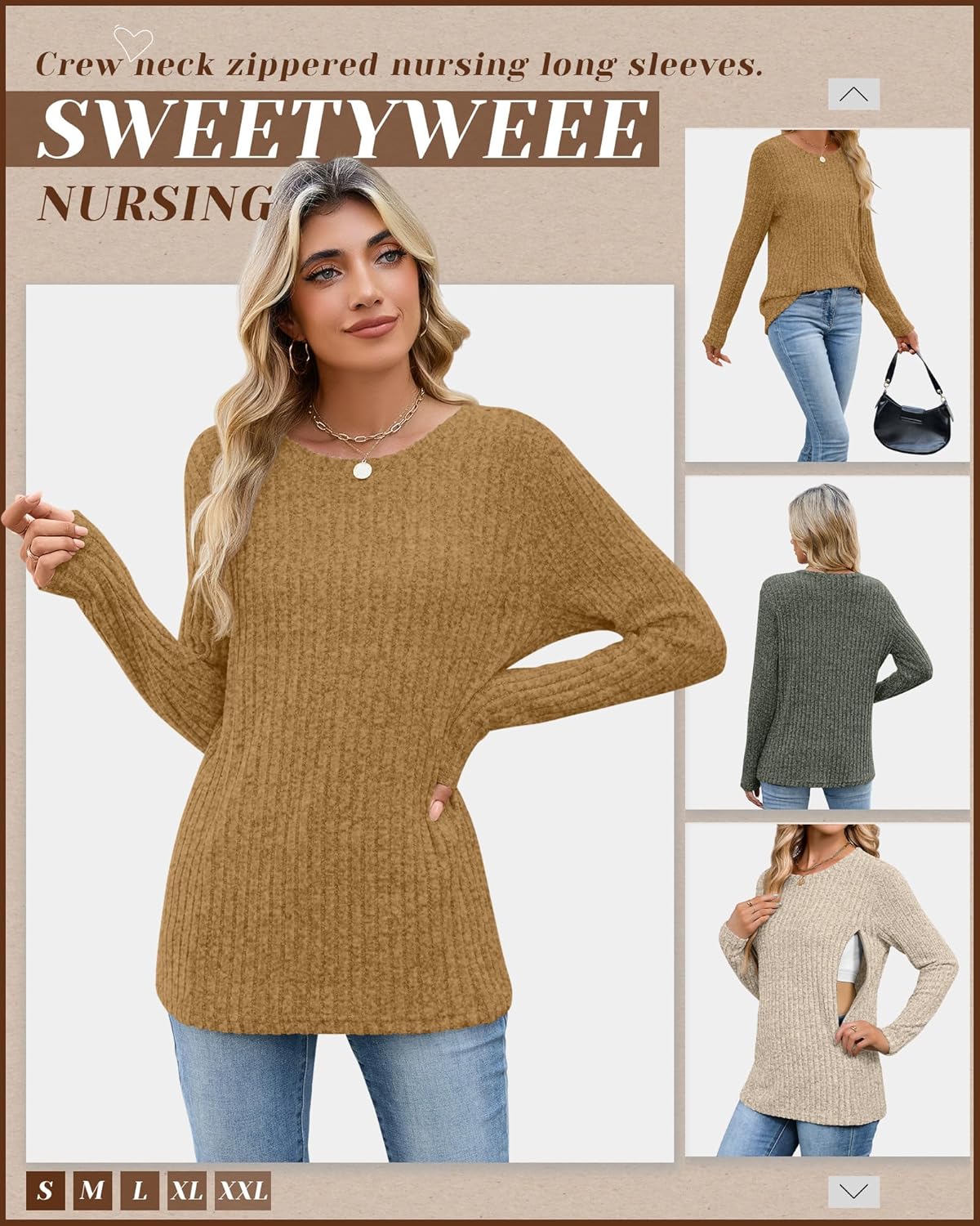 3 Pack Women's Nursing Long Sleeve Tops Breastfeeding Thermal Sweaters with Hidden Zipper Maternity Ribbed Shirts