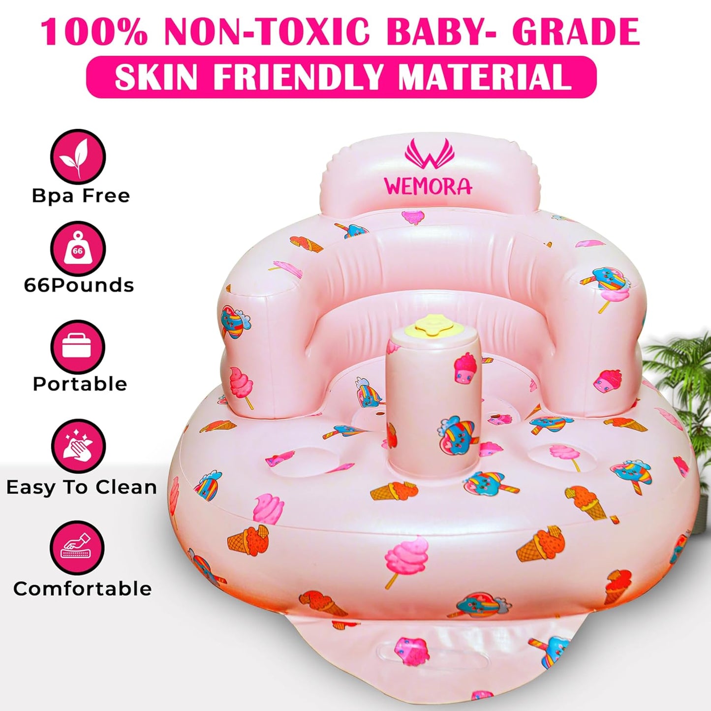 Inflatable Baby Seat for Babies 3-36 Months Blow Up Chair for Babies Infants Toddler Floor Sitting Up with Built in Air Pump (Pink, Ice Cream)