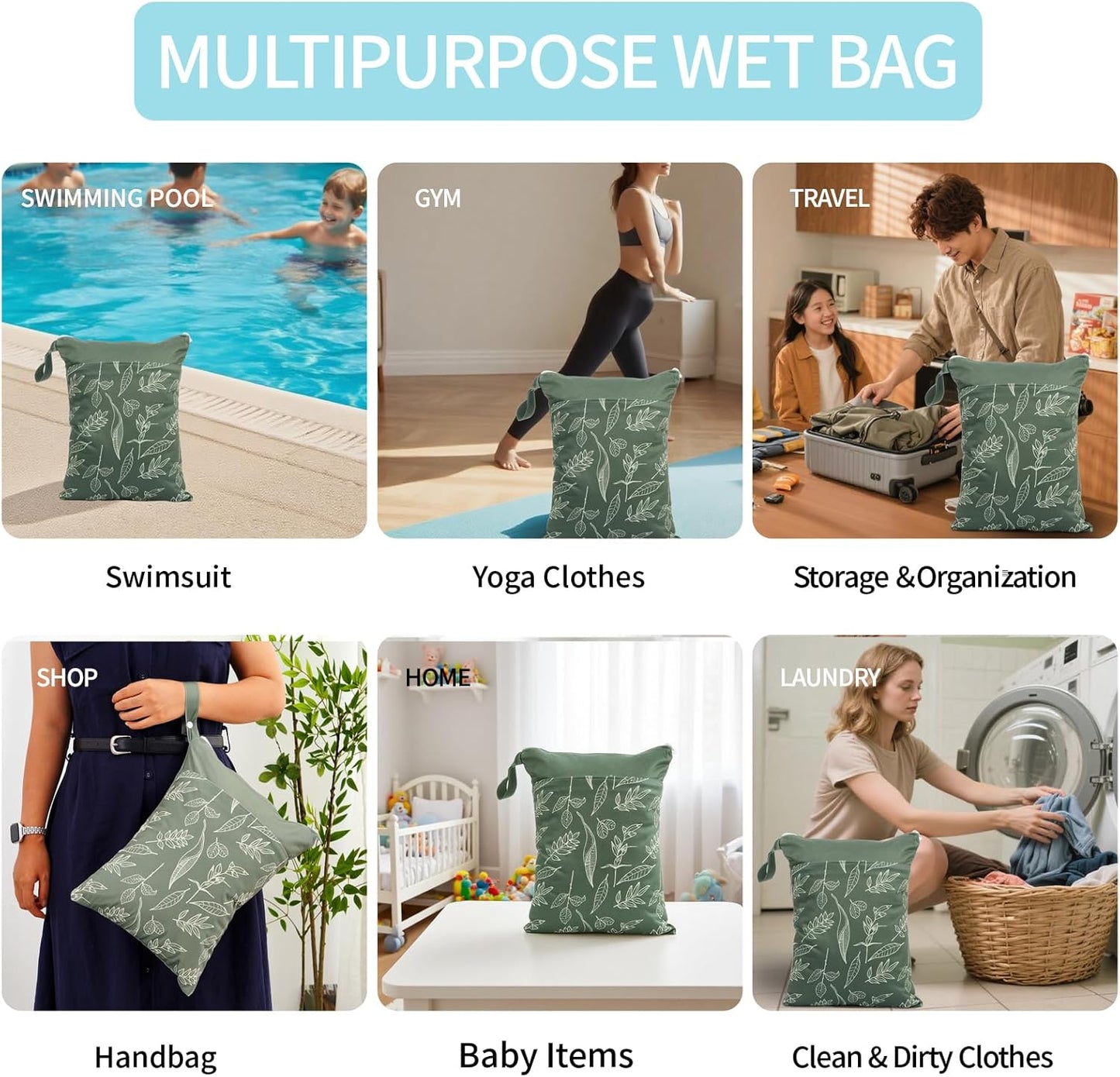 2pcs Wet Bags Waterproof Reusable Wet Dry Bag with Two Zippered Pockets Travel Beach Pool Daycare Yoga Gym Bag for Baby Cloth Diaper,Swimsuits,Wet Clothes (Leaves & Grids)