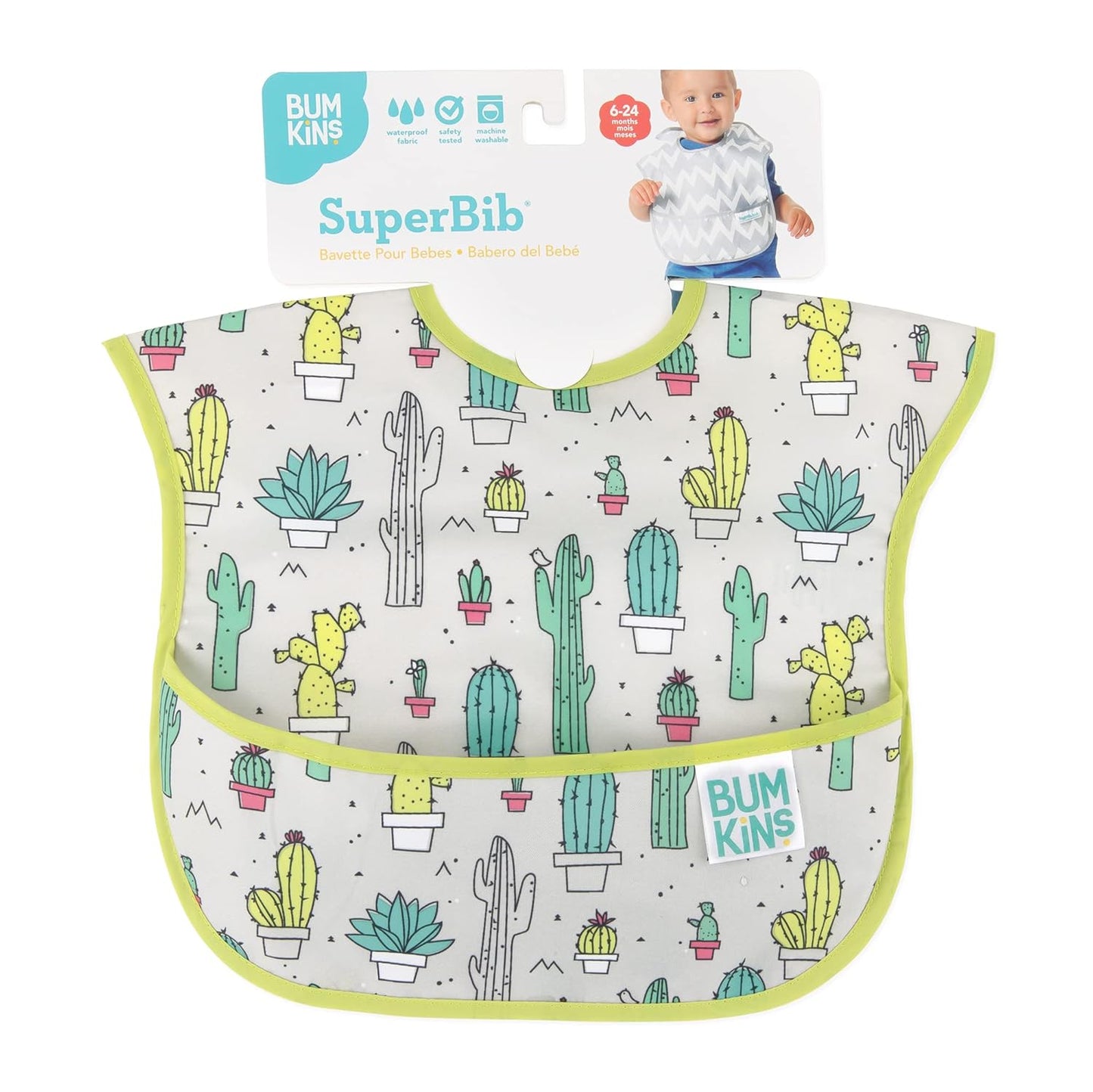 Bumkins Bibs for Girl or Boy, SuperBib Baby and Toddler 6-24 Months, Essential Must Have for Eating, Feeding, Baby Led Weaning Supplies, Mess Saving Catch Food, Waterproof Soft Fabric, Green Cactus