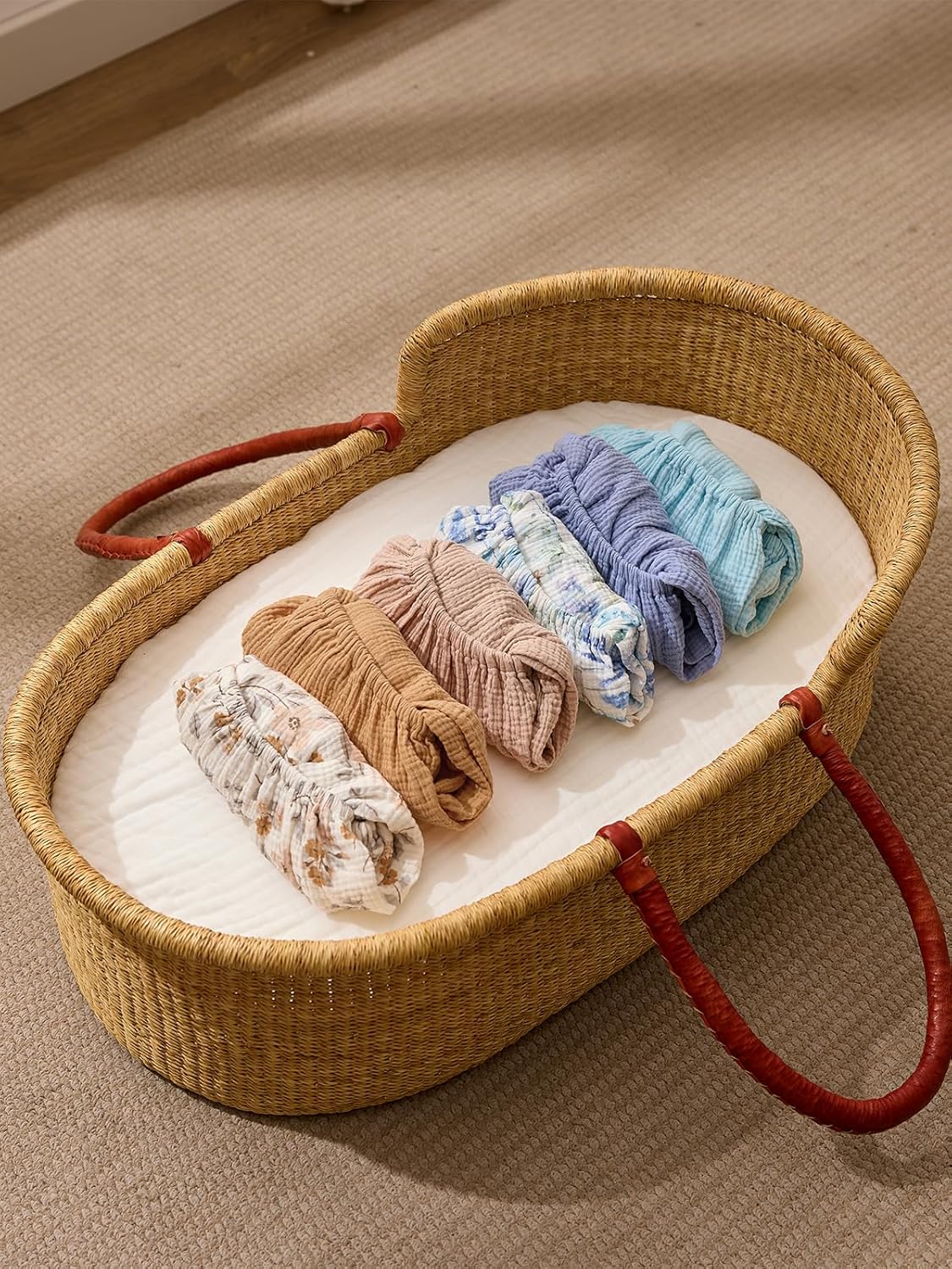 TILLYOU Muslin Bassinet Sheets for Baby Boys Girls 3 Pack, Soft Breathable Elastic Cotton Bassinet Mattress Sheets, Fit Hourglass Oval Rectangle Cradle Mattress, 33"X17",Yellow Flower