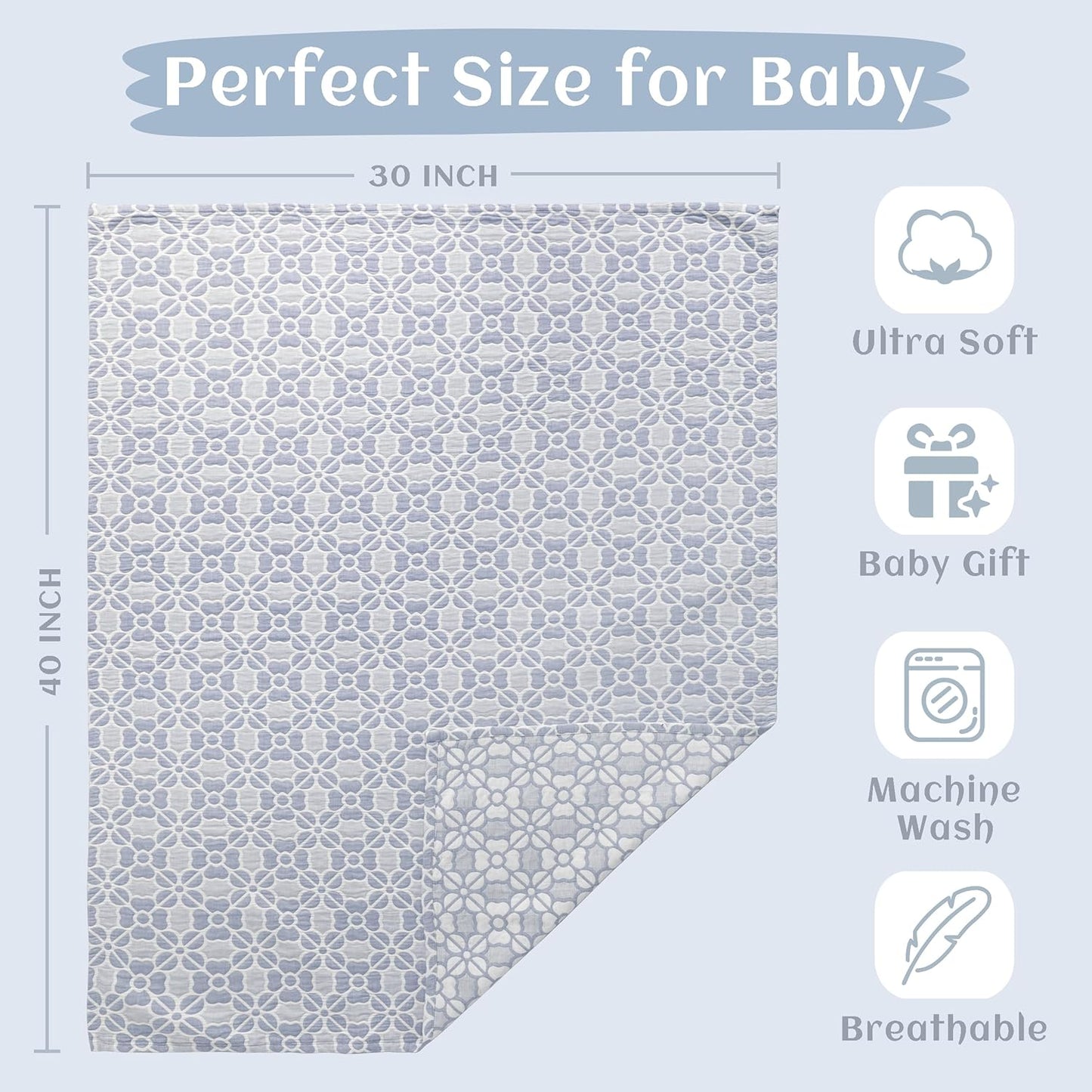 NTBAY 3 Layer Toddler Blanket, Muslin Cotton Jacquard Bed Blankets, Lightweight Thermal Baby Blanket, Super Soft and Warm Crib Blanket for All Seasons, Decoration Gift, 30"x40", Blue Clover