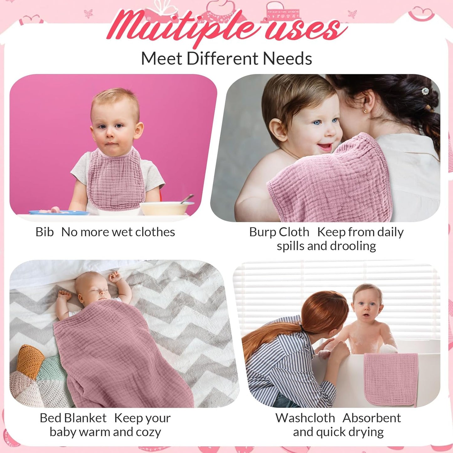 6 Pcs Muslin Hooded Bath Towels Washcloths and Bibs Set, Muslin Cotton Baby Towels Absorbent Hooded Blanket Towel Infant Bibs for Boys Girls Newborn Infant Essentials(Pink,Rose)