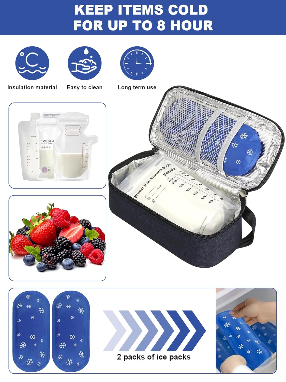 YOUSHARES Breastmilk Cooler Travel Bag with Digital Thermometer, Small Insulated Baby Milk Storage with 2 Ice Packs, Daycare and On-The-Go Moms (Navy)