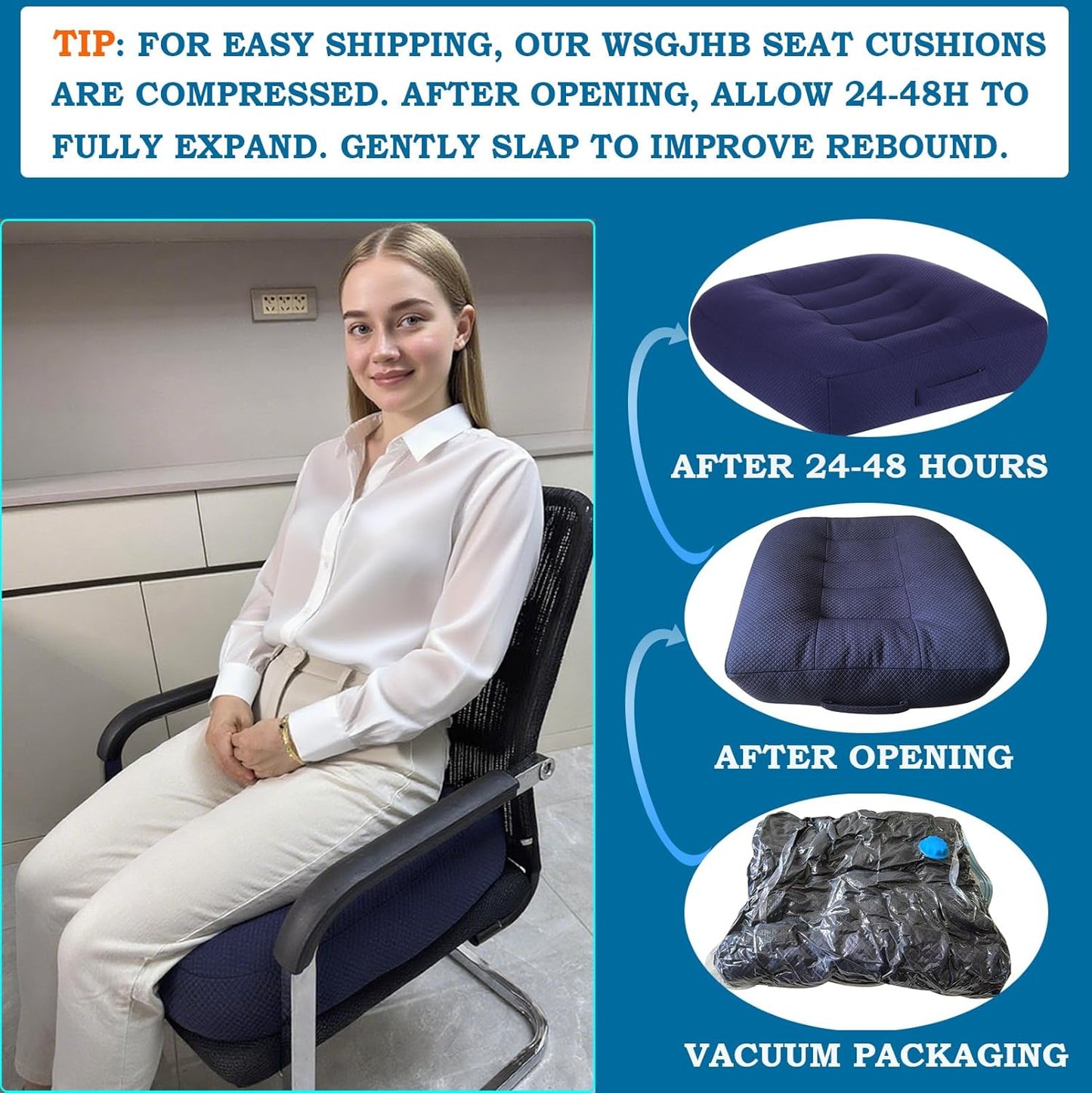 WSGJHB Large Seat Cushion, Extra Thick Booster Seat Cushions for Office Chairs Long Sitting Office Workers, Car Drivers, Relieves Back Pain, Breathable, Anti-Slip, 20x20x6 inchs, Blue