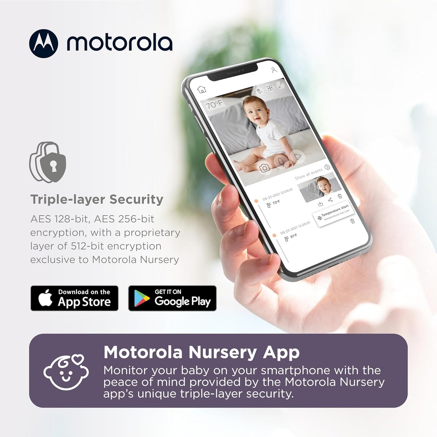 Motorola Nursery Baby Monitor WiFi HD with Camera and Audio, Private Connection, 2-Way Audio, Digital Zoom, Temperature Sensor, Lullabies, Night Vision