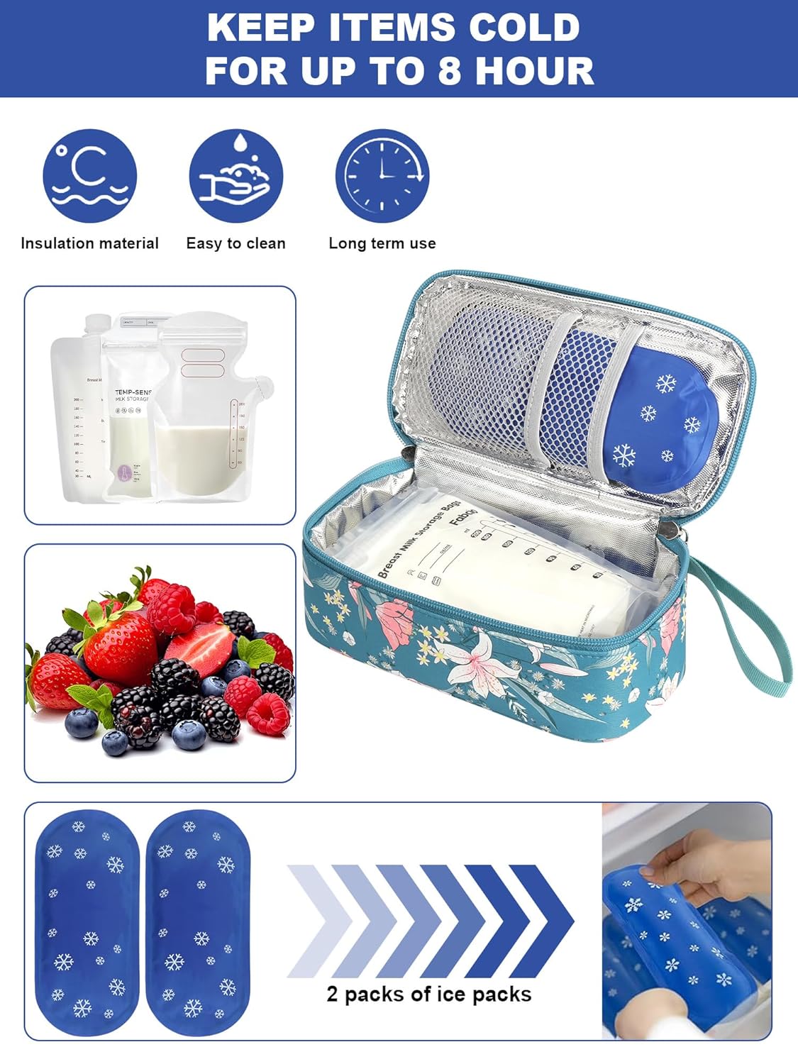 YOUSHARES Breastmilk Cooler Travel Bag with Digital Thermometer, Small Insulated Baby Milk Storage with 2 Ice Packs, Daycare and On-the-Go Moms (Lily)
