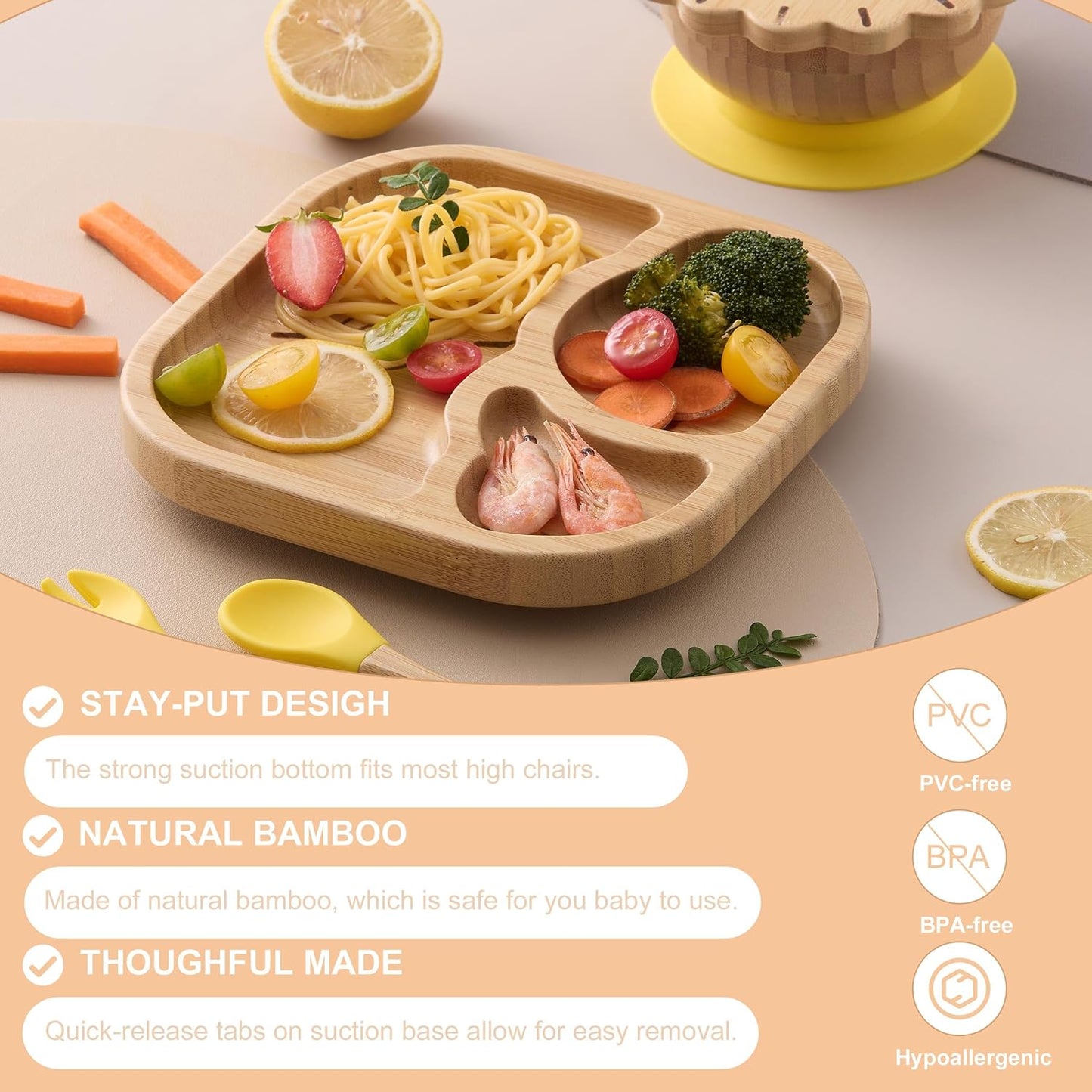 Suction Plates Bowls Set for Baby Toddler Non-Toxic Bamboo Feeding Set with Silicone Fork & Spoon (Yellow Feeding Set)