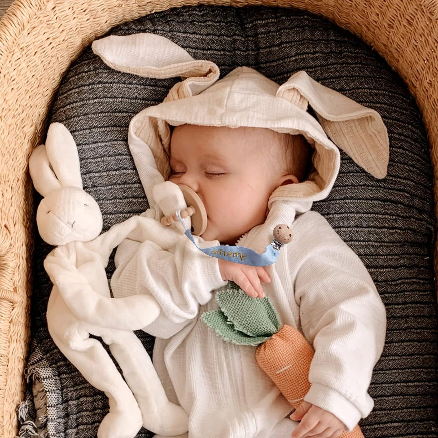 TYRY.HU Personalized Pacifier Clip with Name, Embroidery Ribbon Pacifier Holder for Baby Girls and Boys, Neutral Pacifier Leash Universally Fit All Pacifiers & Baby Toys, 2 Pack Baby Gift(Khaki, Blue)