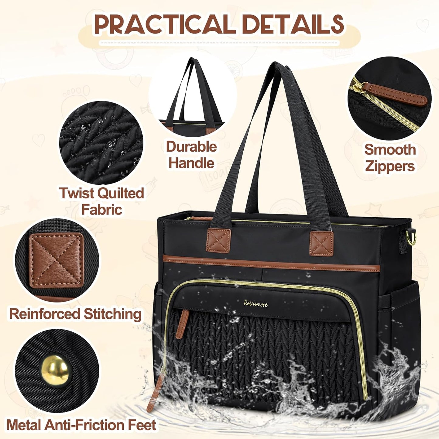 RAINSMORE Diaper Bag Tote, Large Diaper Baby Bag Waterproof Multifunctional Diaper Bag with Pacifier Case & Changing Pad