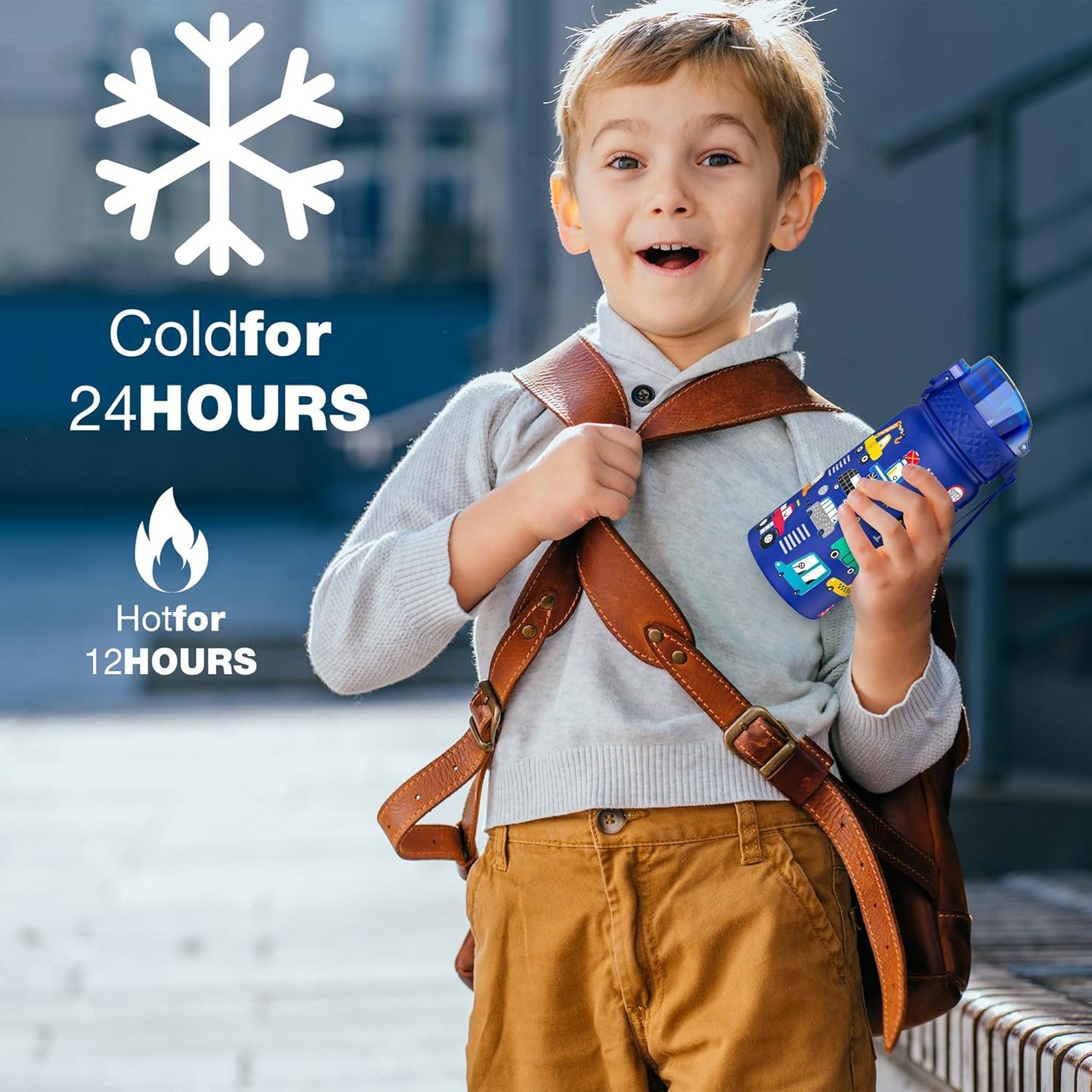 Kids Water Bottle, GOPPUS 14 oz Insulated Water Bottle with Straw, Double Vacuum Leakproof, BPA Free, for Boys and Girls, Blue Construction Truck