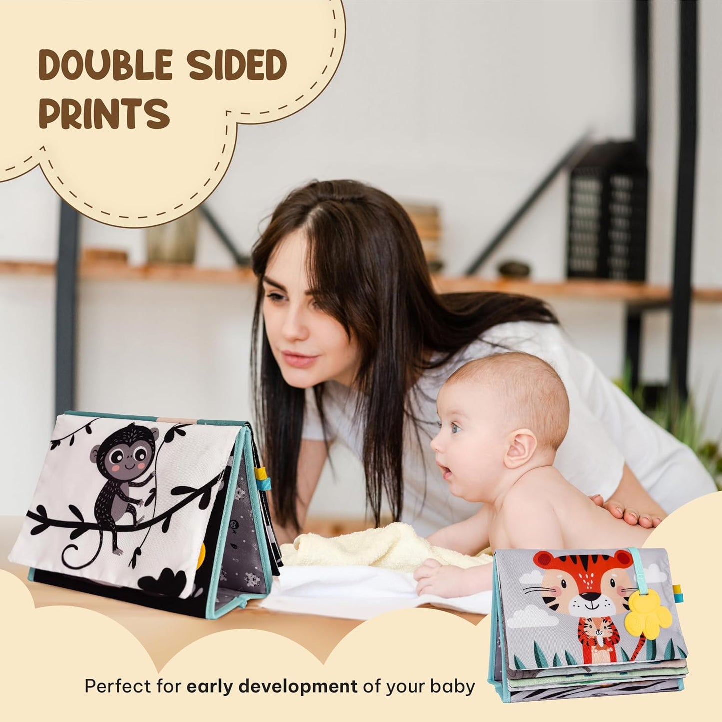 Tummy Time Mirror for Babies - High Contrast Baby Mirror Book with Silicone Teether & Crinkle Pages - Tummy Time Toys for Babies 0 3 6 9 Months