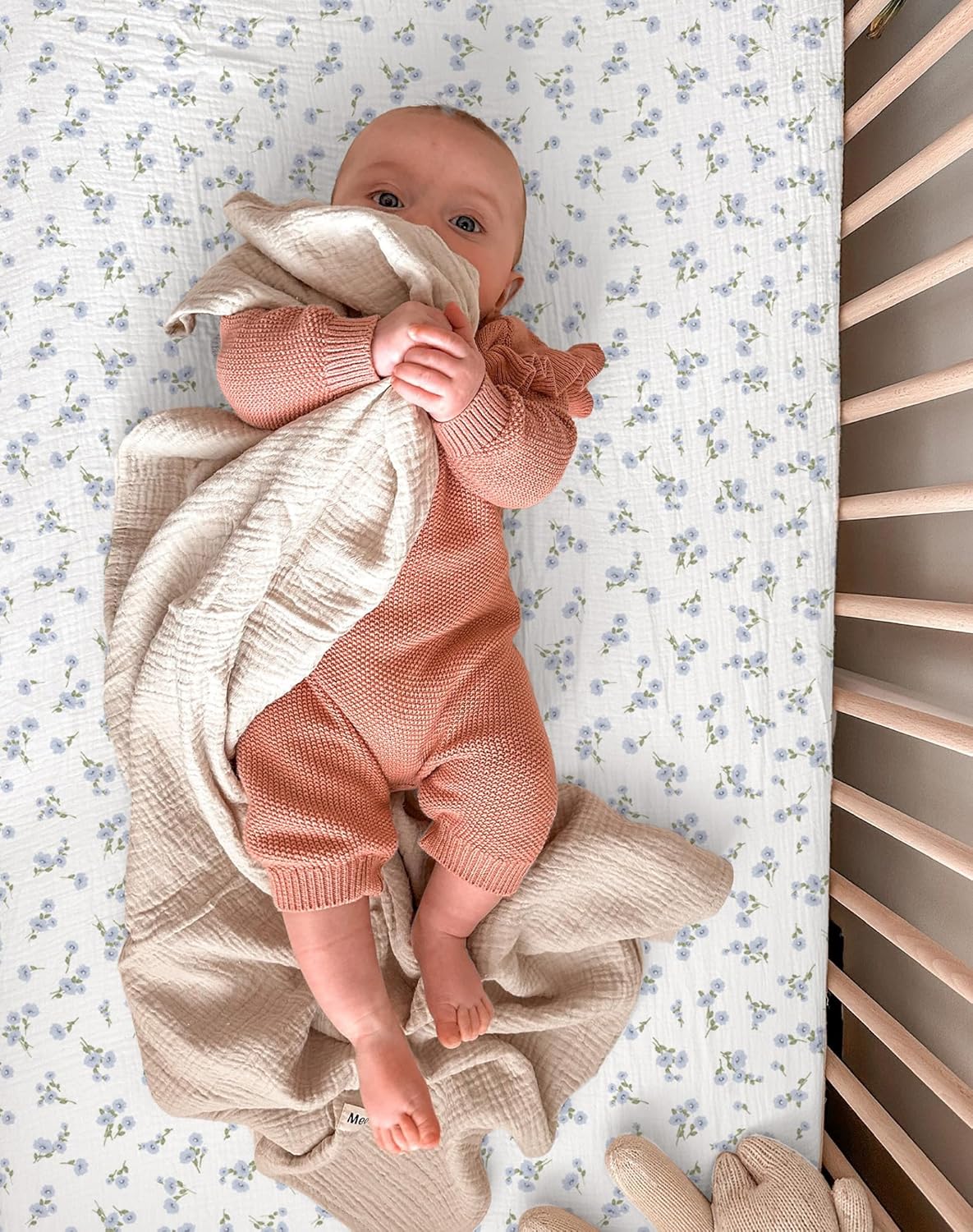 Mini Crib Sheets for Baby Boy Girl 2 Pack, Neutral Mini Crib Mattress Sheet 24" x 38", Muslin Nursery Bedding Soft and Breathable Comfort (Bluebell Bloom & Light Blue)