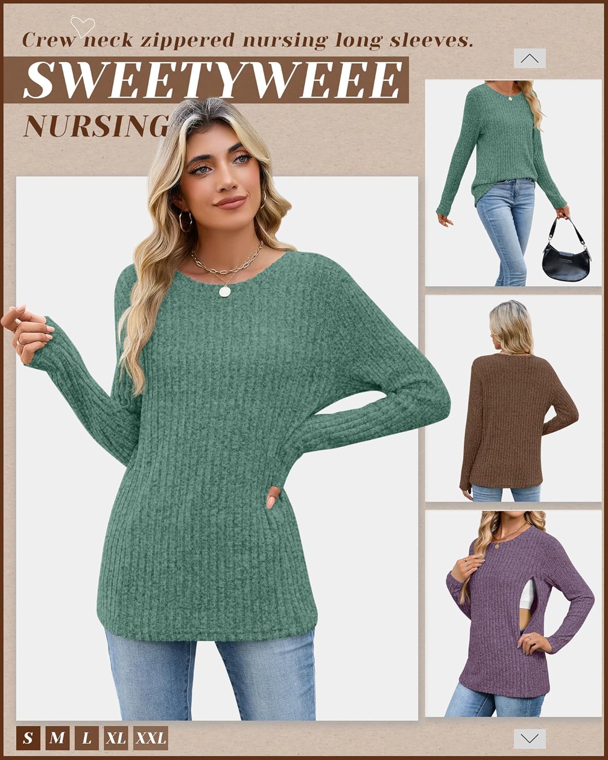 3 Pack Women's Nursing Long Sleeve Tops Breastfeeding Thermal Sweaters with Hidden Zipper Maternity Ribbed Shirts