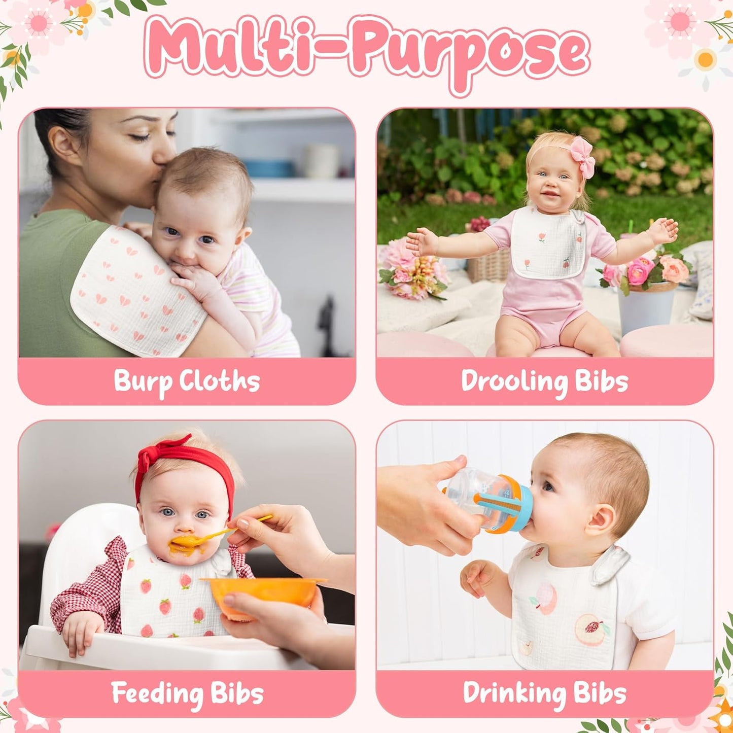 Zainpe 6Pcs Snap Muslin Cotton Baby Bibs Flowers Strawberry Patterns Infants Drooling Bib Soft Absorbent Adjustable Feeding Burp Cloths for Newborns Boy Girl Toddlers Teething Eating 0 to 36 Months