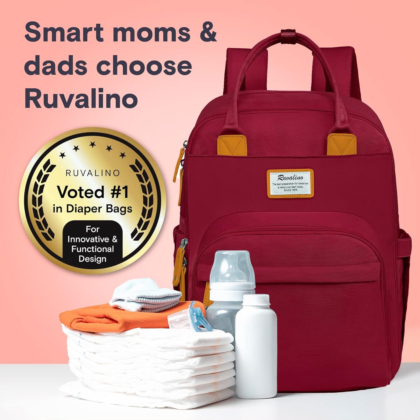 RUVALINO Diaper Bag Backpack, Multifunction Travel Pack Maternity Baby Changing Bags, Large Capacity, Waterproof, Purplish Red