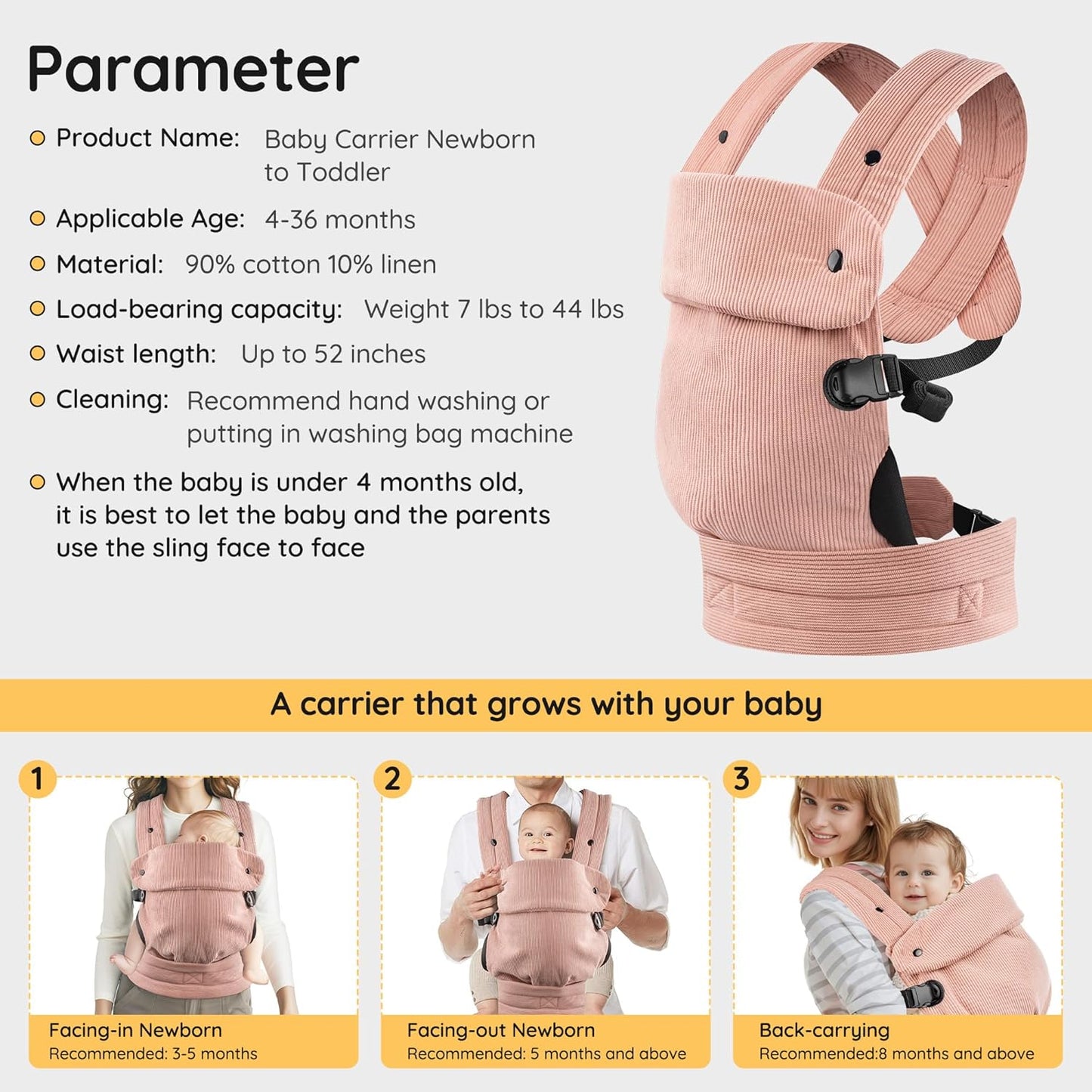Baby Carrier Newborn to Toddler- Ergonomic,Cozy and Lightweight Infant Carrier for 7-40lbs,3 Carry Positions Newborn Carrier,Pink