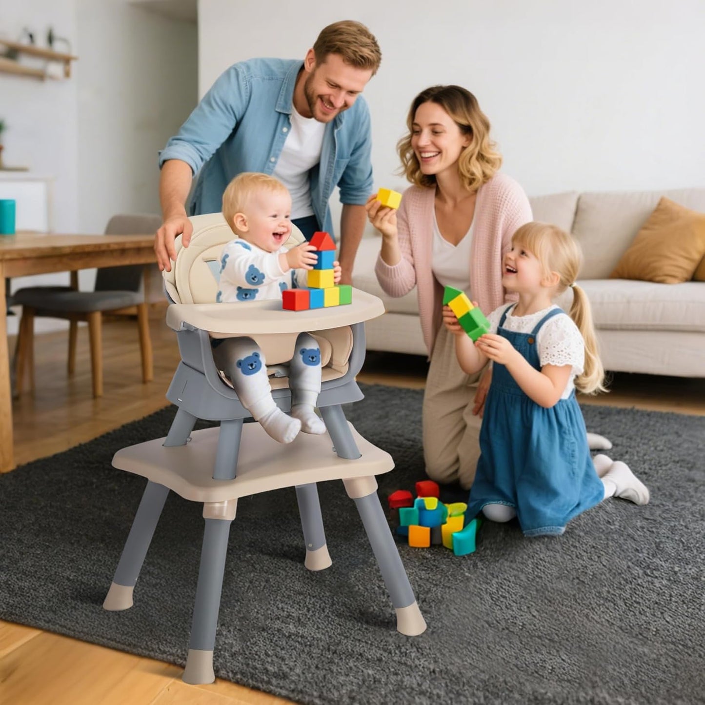 Baby High Chair, 8 in 1 Convertible Highchairs for Babies and Toddlers, Children Dining Booster Seat/Kids Building Block Table for Girls Boys, Baby Seat with Removable Tray, Khaki