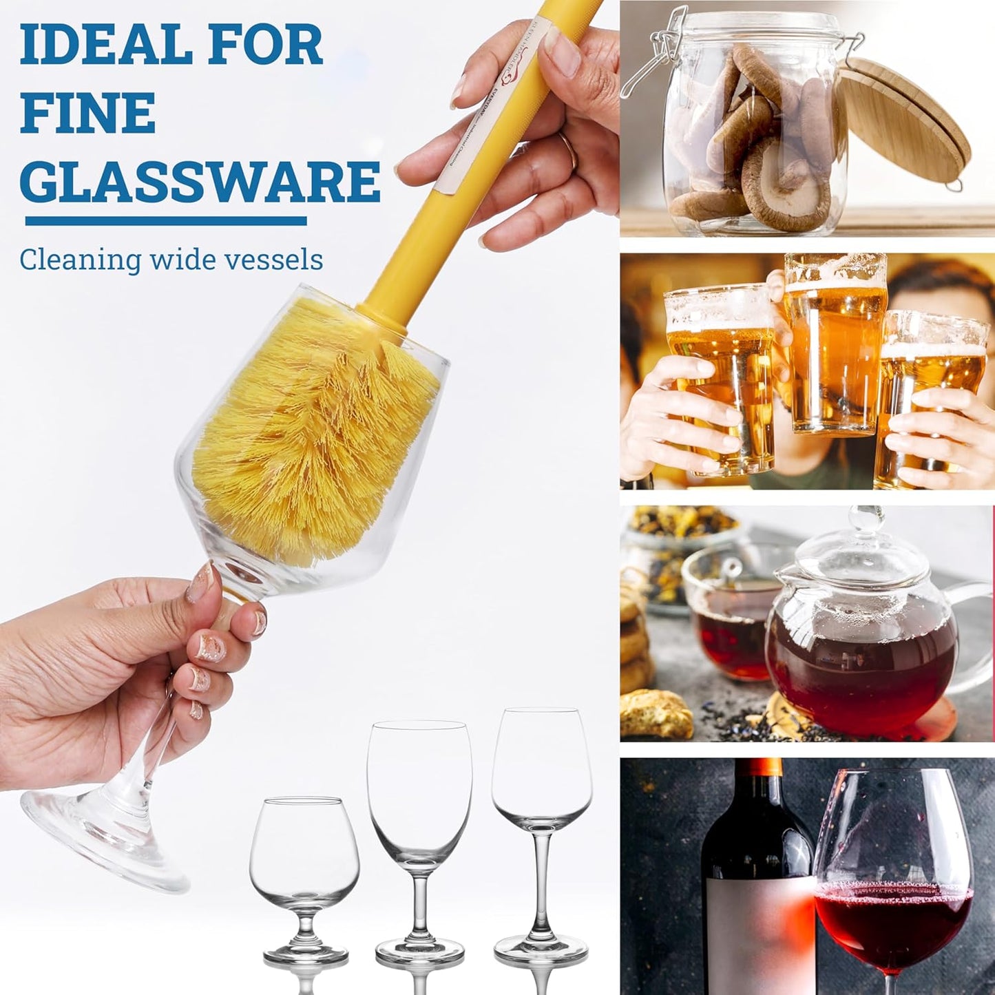 KLEEN HANDLER Goblet Cleaning Brush | Bottle Brush for Cleaning Glasses and Jars, Durable Bristles and Long Handle, (6 Brushes)