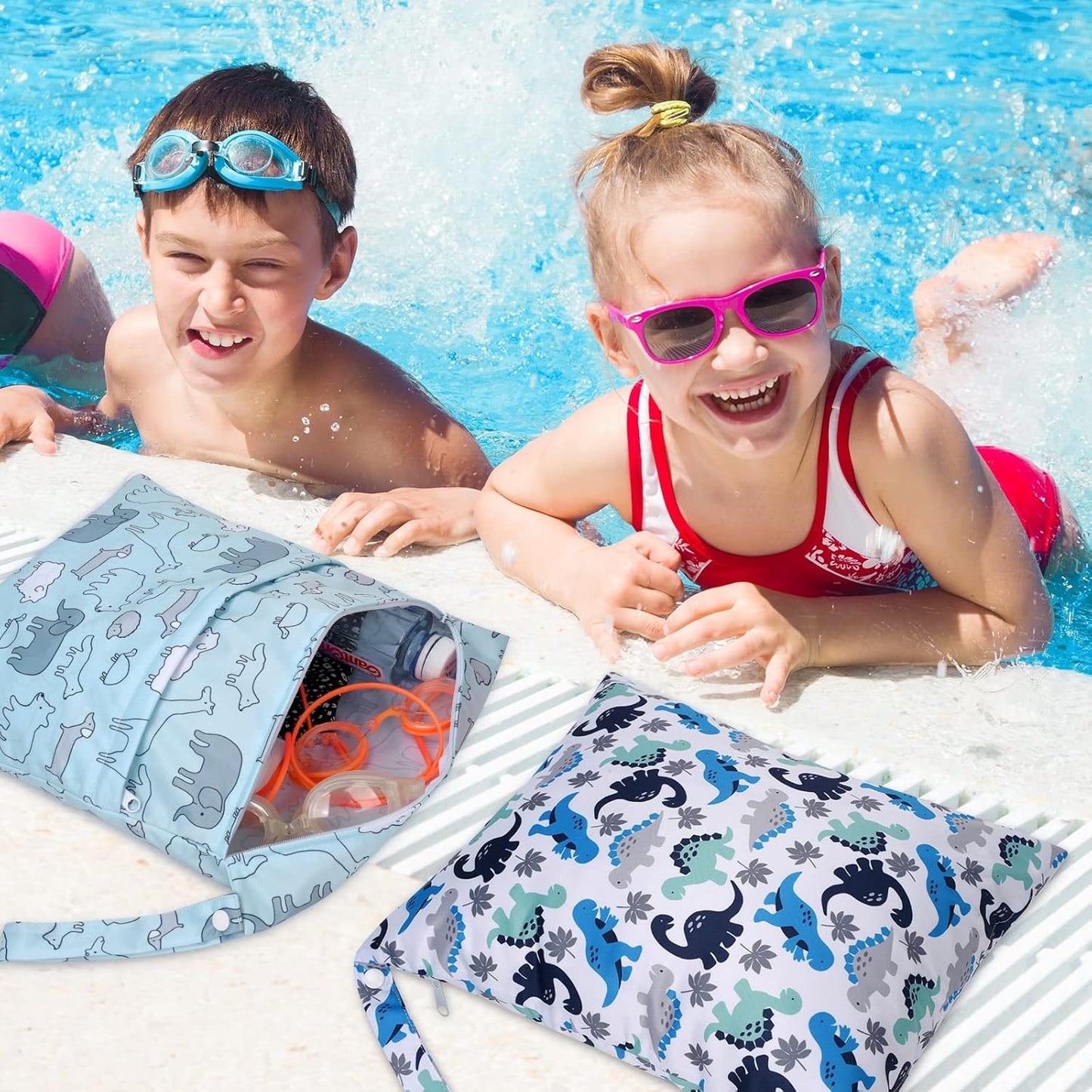 2pcs Cloth Diaper Wet Dry Bags Waterproof Reusable with Two Zippered Pockets Travel Beach Pool Daycare Soiled Baby Items Yoga Gym Bag for Swimsuits or Wet Clothes-Cute Animal,Dinosaur
