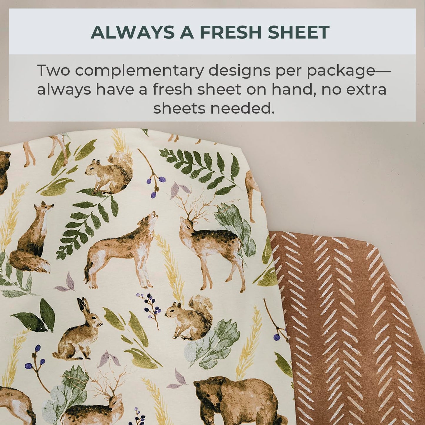 Pobibaby - 2 Pack Premium Pack N Play Sheets Fitted for Standard Pack and Plays and Mini Cribs - Ultra-Soft Cotton Blend, Stylish Woodland Pattern, Safe and Snug for Baby (Wildlife)