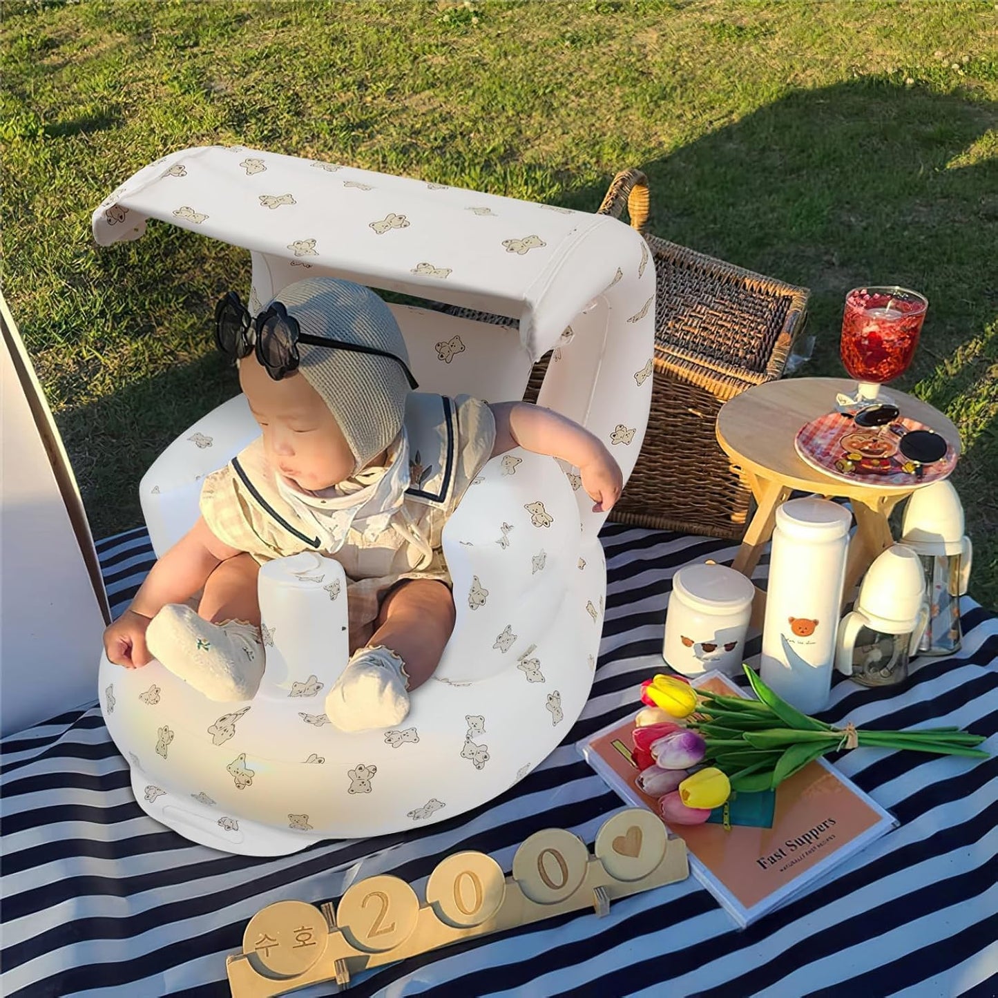 Inflatable Baby Seat with Integrated Canopy for Babies 3 Months & Up, Baby Floor Seats for Sitting Up, Baby Seats for Infants, Blow Up Baby Chair with Built in Air Pump - Bear