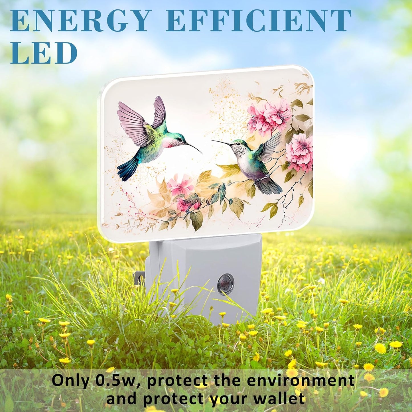 Watercolor Hummingbird Night Light, Pink Flowers Leaves Nightlight Plug into Wall with Dusk to Dawn Sensor for Kid Girls Boys Women Men Bedroom, Hallway, Kitchen, Bathroom, Stairs Decor