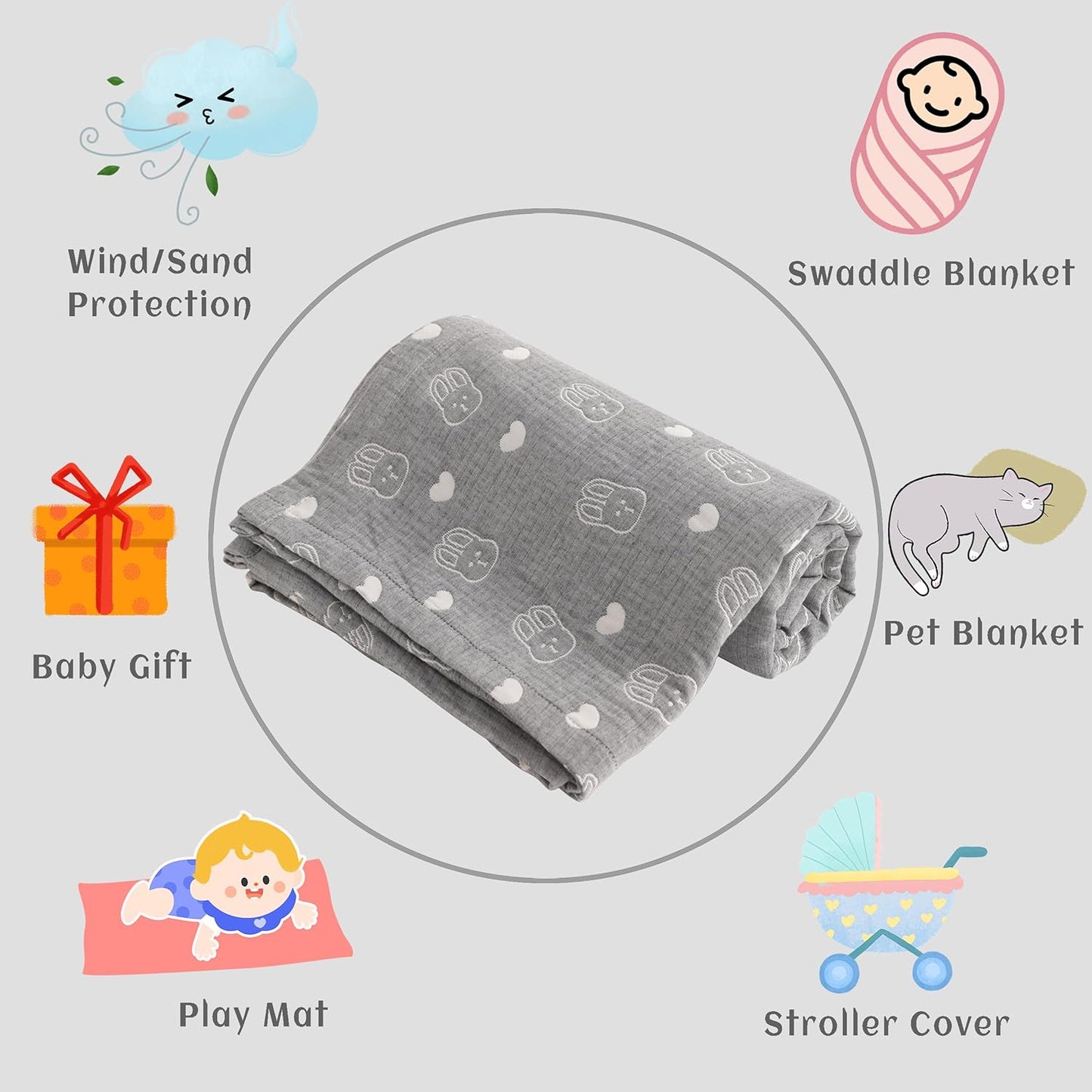 NTBAY 3 Layer Muslin Cotton Toddler Blanket, Jacquard Reversible Nursery Bed Blanket, Super Soft and Thermal for All Seasons, Decoration Gift, 30"x40", Dark Grey Rabblt