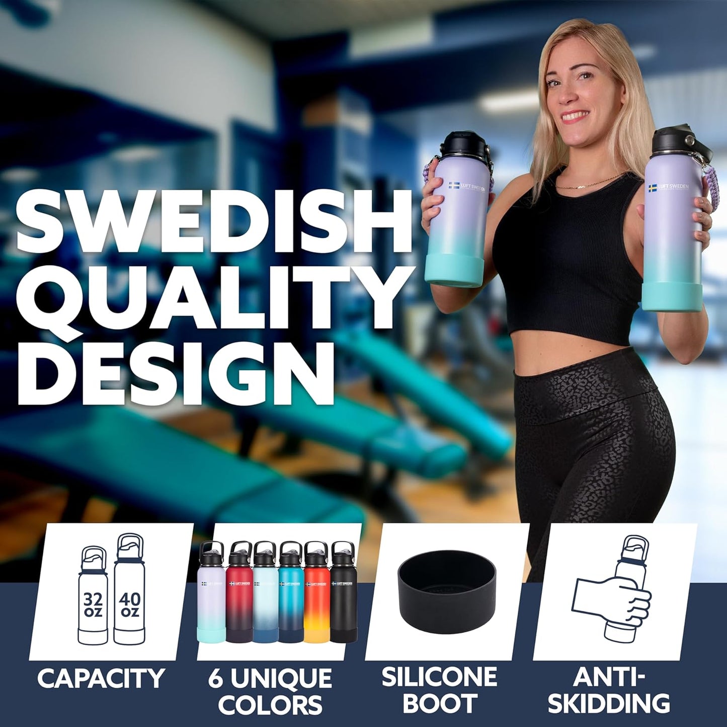 LUFT SWEDEN 40 oz Red & Orange Insulated Water Bottle with Straw Lid β Leakproof, Stainless Steel, Dishwasher Safe β Reusable Double Wall Gym Thermos for Cold Drinks β BPA-Free & Sweatproof