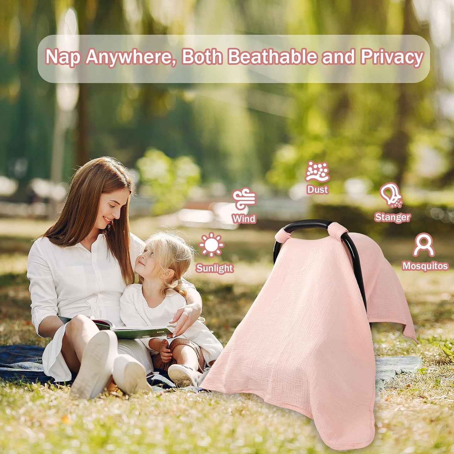 Hooyax 2-in-1 Baby Car Seat Cover & Nursing Cover, 100% Muslin Cotton, Breathable Car Seat Canopy and Privacy Breastfeeding Cover, Pink
