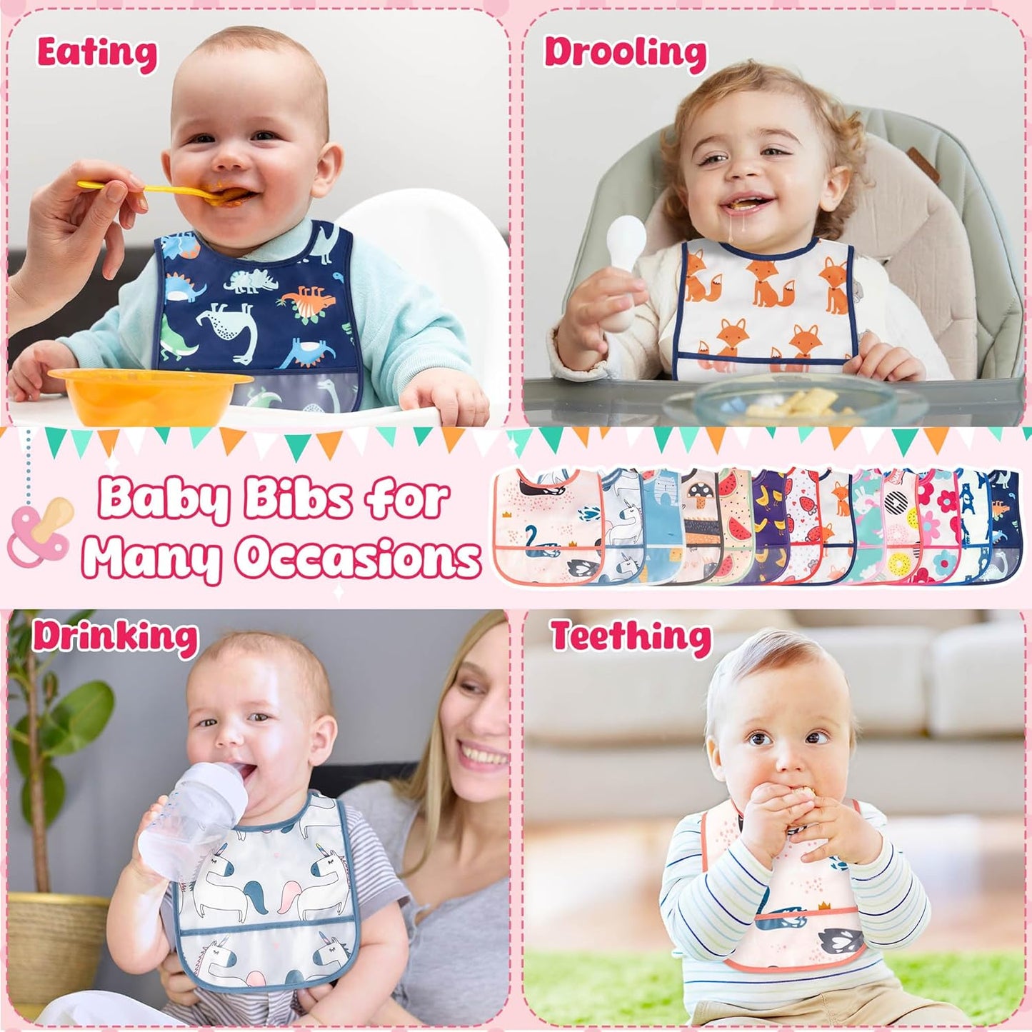 26Pcs Baby Feeding Bibs with Crumb Catcher Pocket Waterproof Sleeveless Teething Plastic Food Bib Set Adjustable Toddler Infant Keepsake Gift for Baby Shower, 6-24 Months