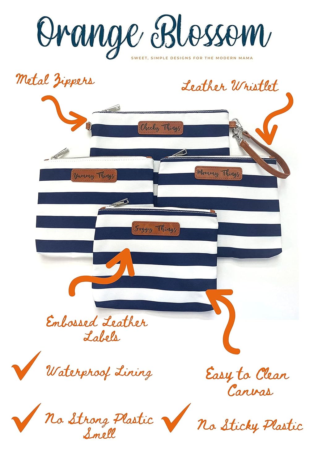 Stylish Diaper Bag Organizing Pouches - XL Set of 4 Navy and White Striped Canvas Diaper Bag Pouches with Leather Embossed Labels, Leather Wristlet Strap & Durable Metal Zippers
