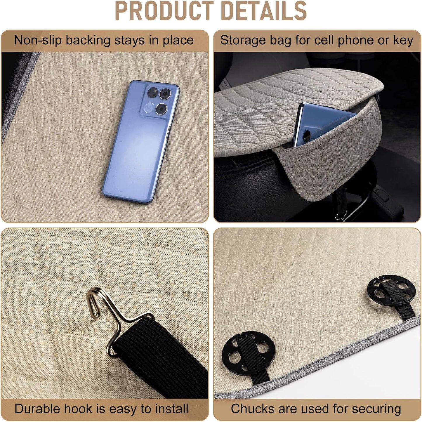 3 PCS Linen Car Seat Covers with Storage Pocket, Back Seat Covers Protectors with Non-Slip, Breathable Bench Seat Covers Universal Fit for SUVs, Cars, Trucks (Beige)