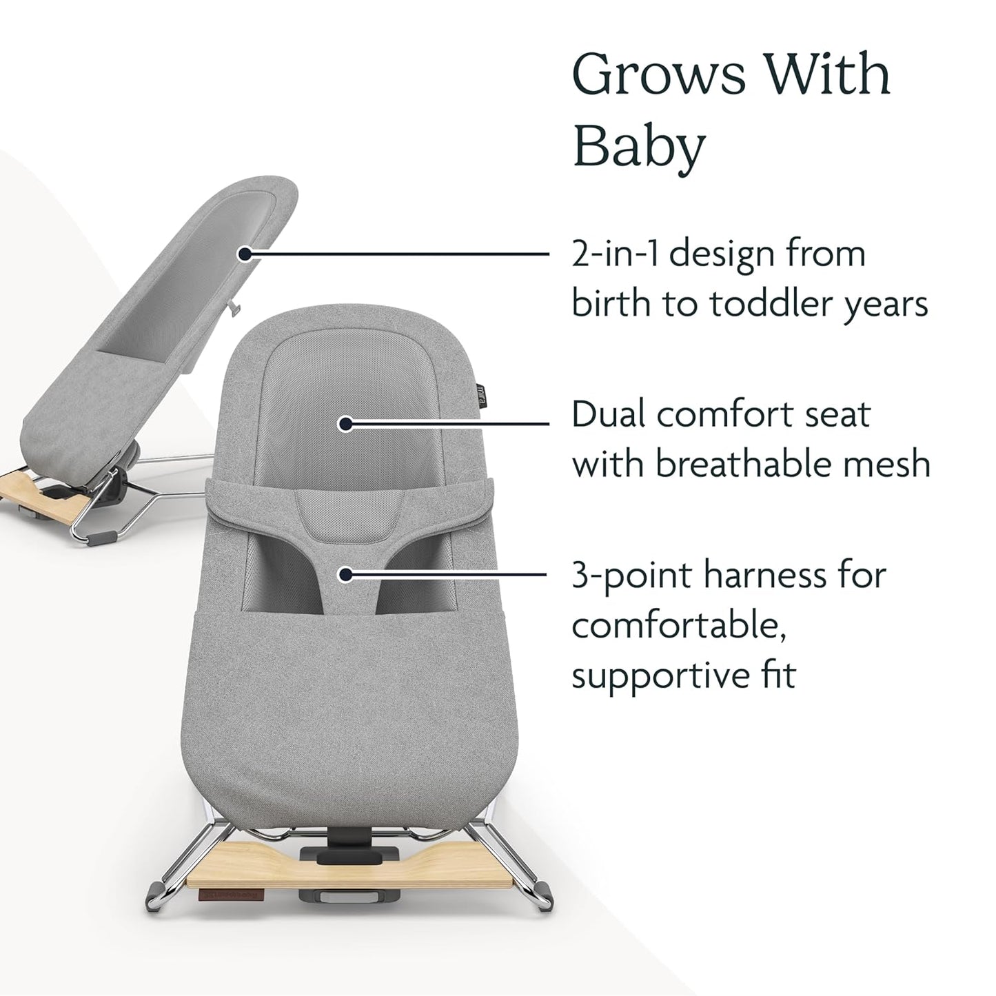 UPPAbaby Mira Bouncer/Portable 2-in-1 Bouncer + Seat Grows with Your Baby/GREENGuard® Gold, JPMA + FSC® Certified/Cozy Seat Liner + Storage Bag Included/Stella (Grey Mélange/Silver Chrome/Maple Wood)