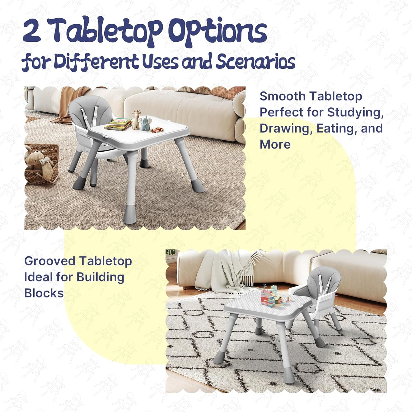 4 in 1 Baby High Chair, Toddler Chair with Removable Tray, Convertible High Chairs for Babies and Toddlers, Kids Learning Table, Building Block Table, Dining Booster Seat with Safety Harness, Gray