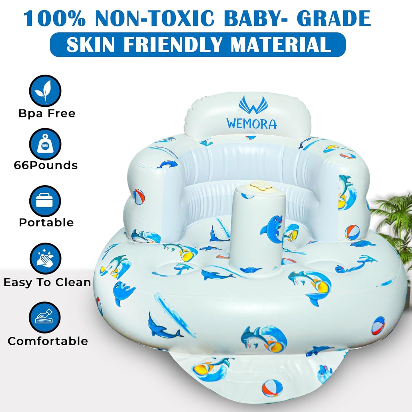 Inflatable Baby Seat for Babies 3-36 Months Blow Up Chair for Babies Infants Toddler Floor Sitting Up with Built in Air Pump (White, Dolphin)