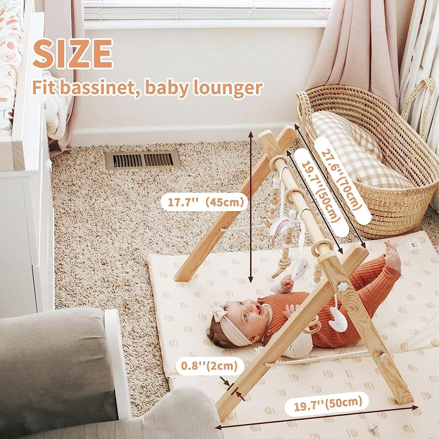 little dove Foldable Wooden Play Gym with 6 Toys - Infant Activity Gym for Baby Girls and Boys with Hanging Bar - Montessori Newborn Gift