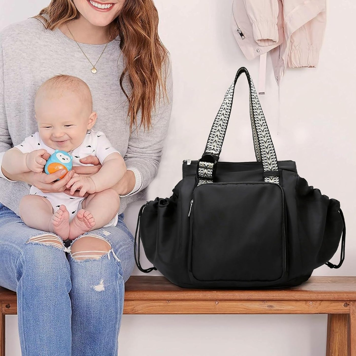 Diaper Bag Tote for Moms & Women, Large Capacity Multi-Functional Tote with 16 Compartments, Convertible Backpack & Shoulder Bag for Work, Travel, Shopping & Picnic (Midnight Black)