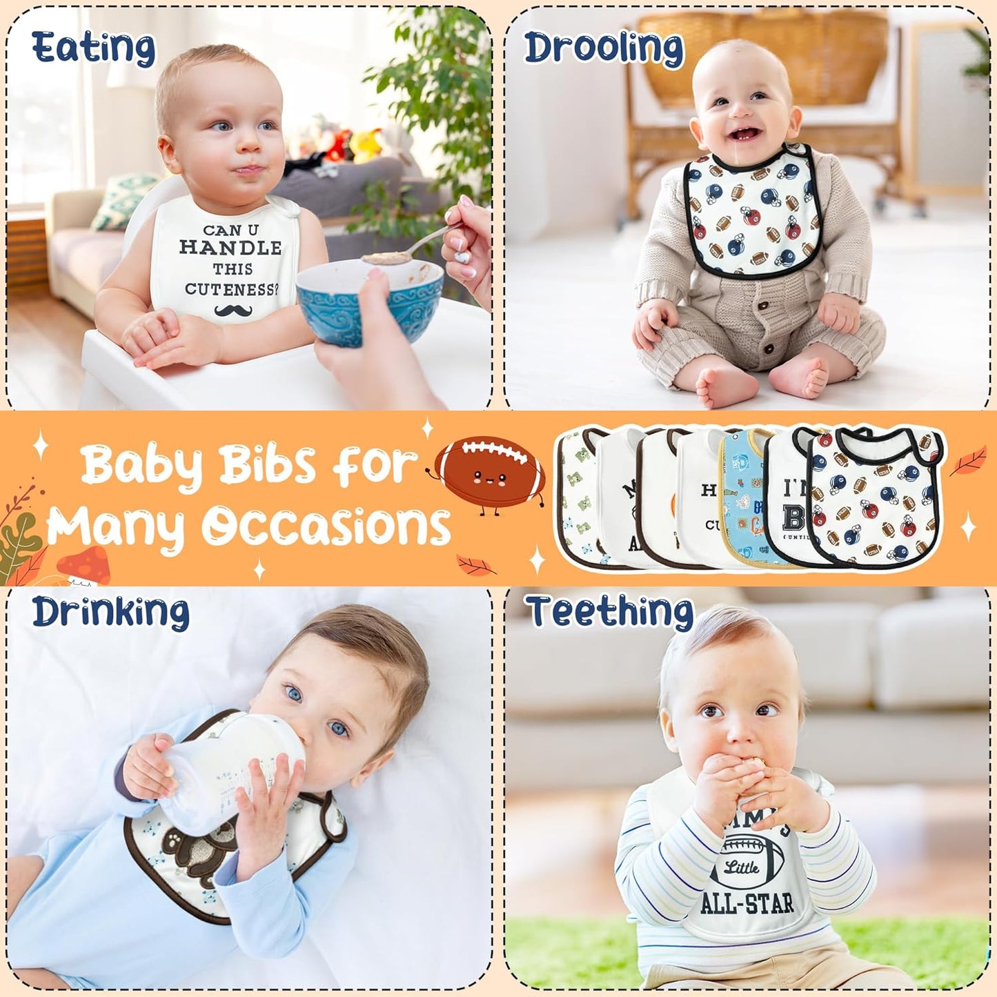 7Pcs Cotton Waterproof Baby Bibs Hook Loop Closure Newborn Bib Keepsake Baby Gift for Drooling Feeding Eating