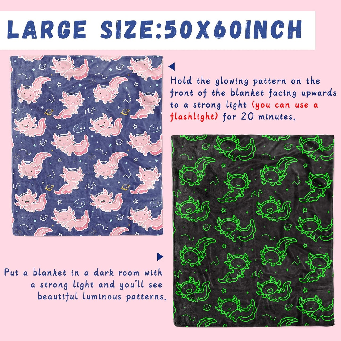 GEULAY Axolotl Twin Size Blanket for Bed & Couch - Glow in The Dark Axolotl Blanket Gifts for Girls Pink Salamander Fleece Twin Bed Throw Birthday Decoration for Bedroom All Season 60x80inch