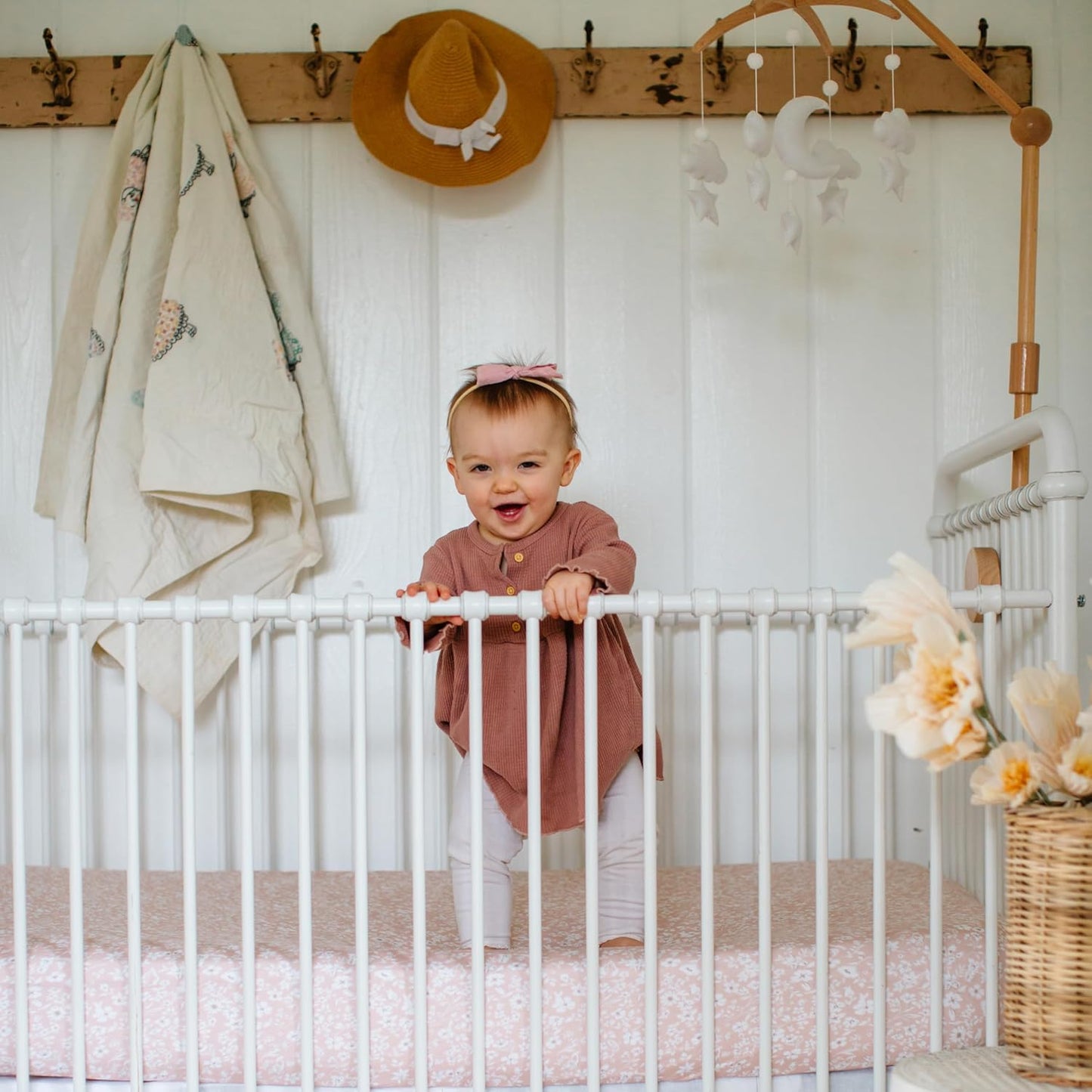 Crib Sheets Neutral - Fitted Baby Crib Sheets Bed for Girl Boy - 2 Pack Standard & Toddler Mattress - Buttery Soft Organic Cotton Blend (Fleurette)