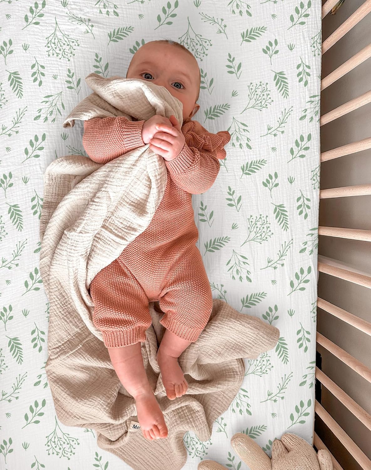 Mini Crib Sheets for Baby Boy Girl 2 Pack, Neutral Mini Crib Mattress Sheet 24" x 38", Muslin Nursery Bedding Soft and Breathable Comfort (Fern Leaf & Sage)