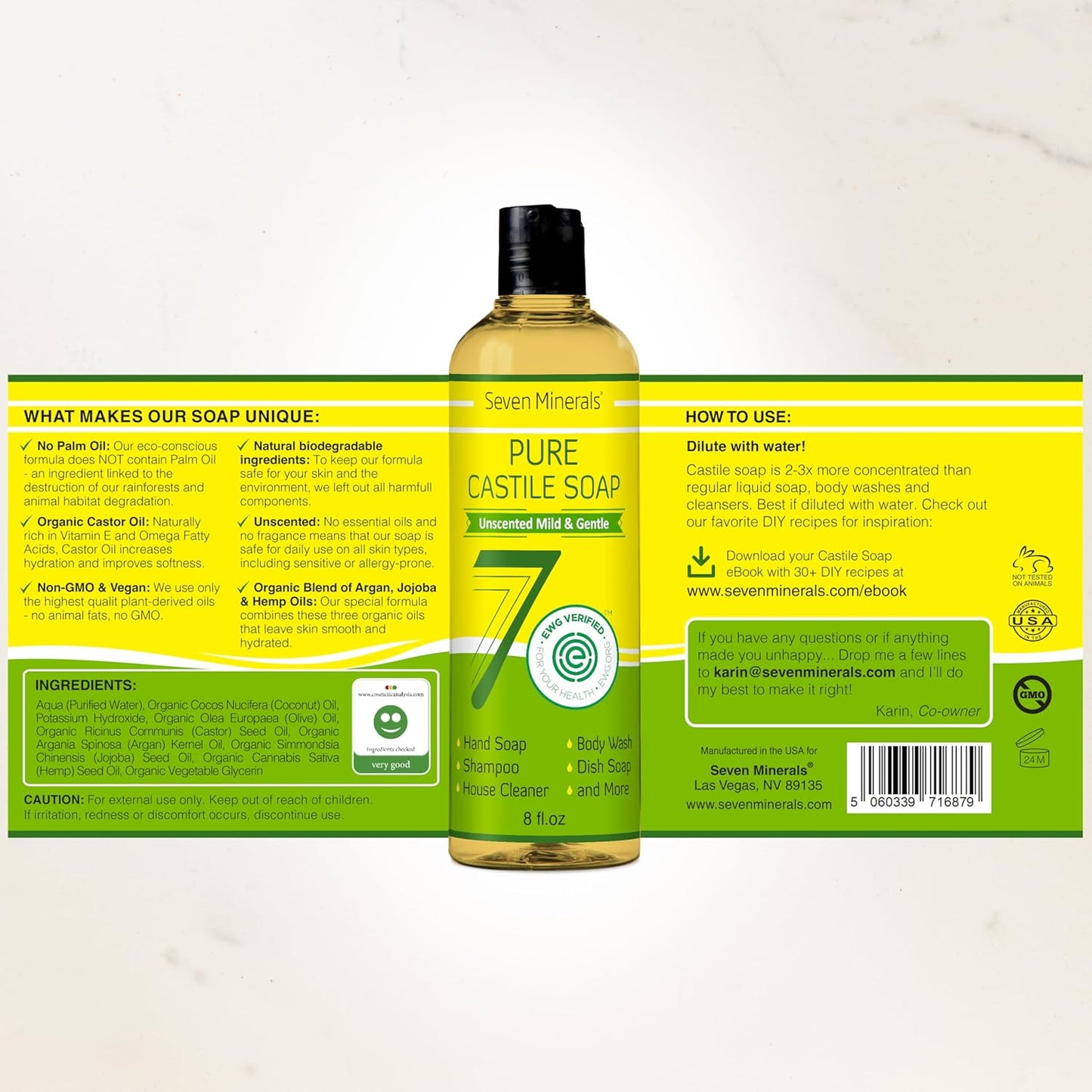 Pure Castile Soap - No Palm Oil, GMO-Free - Gentle Liquid Soap For Sensitive Skin & Baby Wash - All Natural Vegan Formula with Organic Carrier Oils (8 Fl Oz, An Unscented)