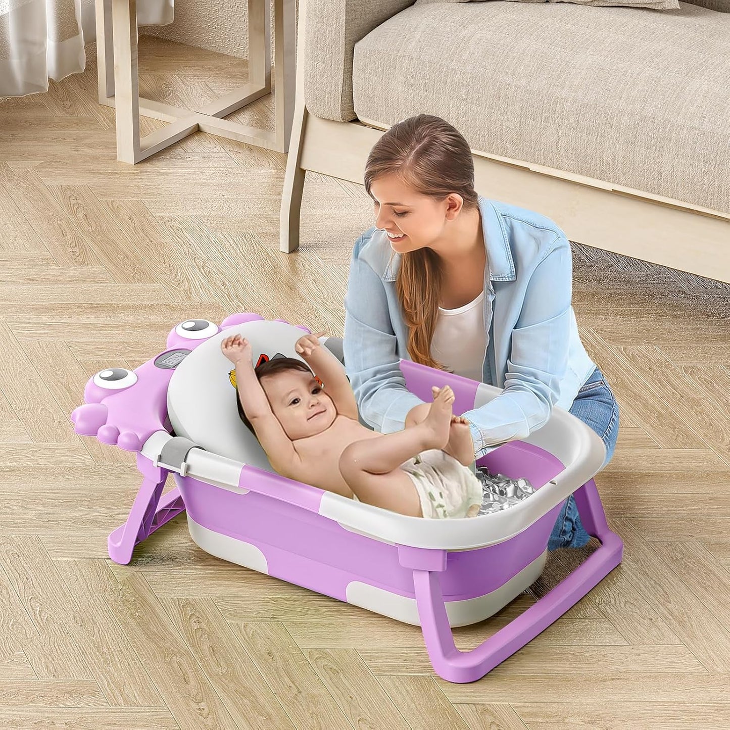 Collapsible Baby Bathtub for Infants to Toddler with Real-time Temp Monitor+Floating Cushion,Foldable Baby Bath Tub Set Applicable 0-36 Month,Portable Travel Bathtub for Newborns Girl (Purple)