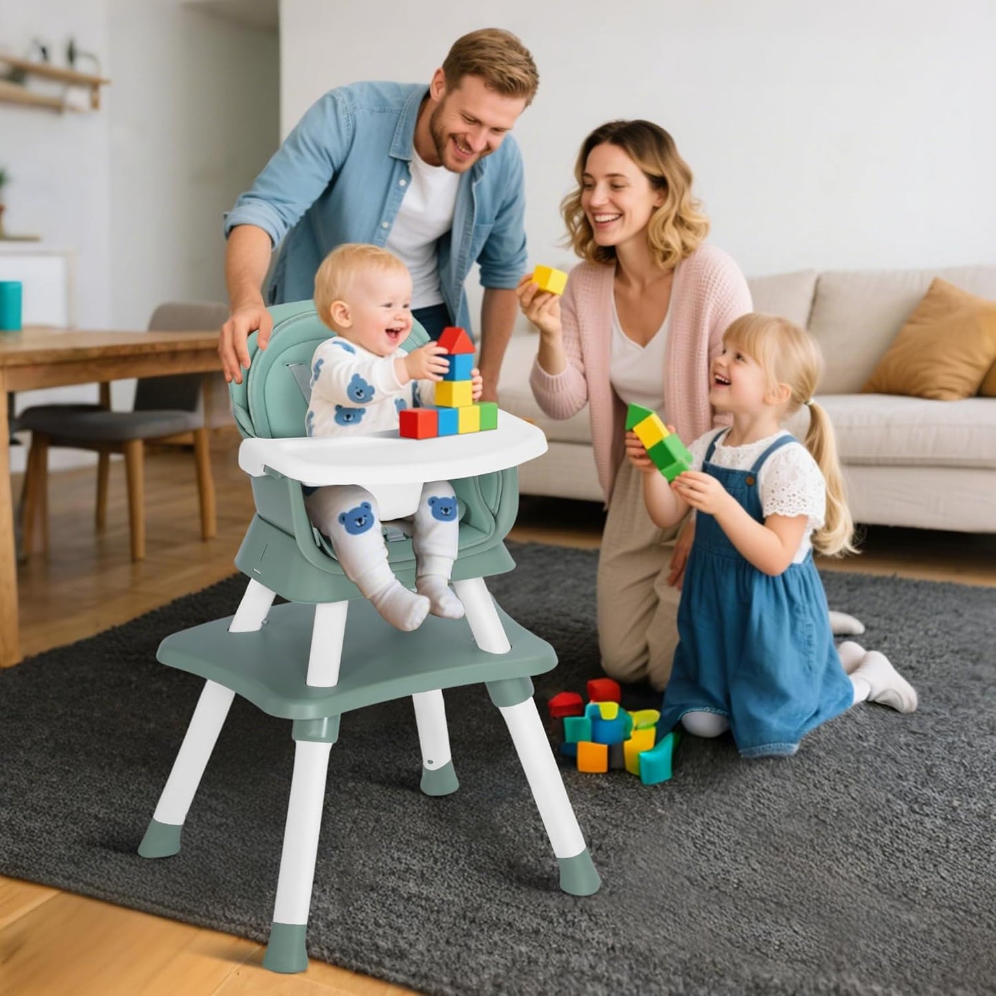 Baby High Chair, 8 in 1 Convertible Highchairs for Babies and Toddlers, Children Dining Booster Seat/Kids Building Block Table for Girls Boys, Baby Seat with Removable Tray, Green