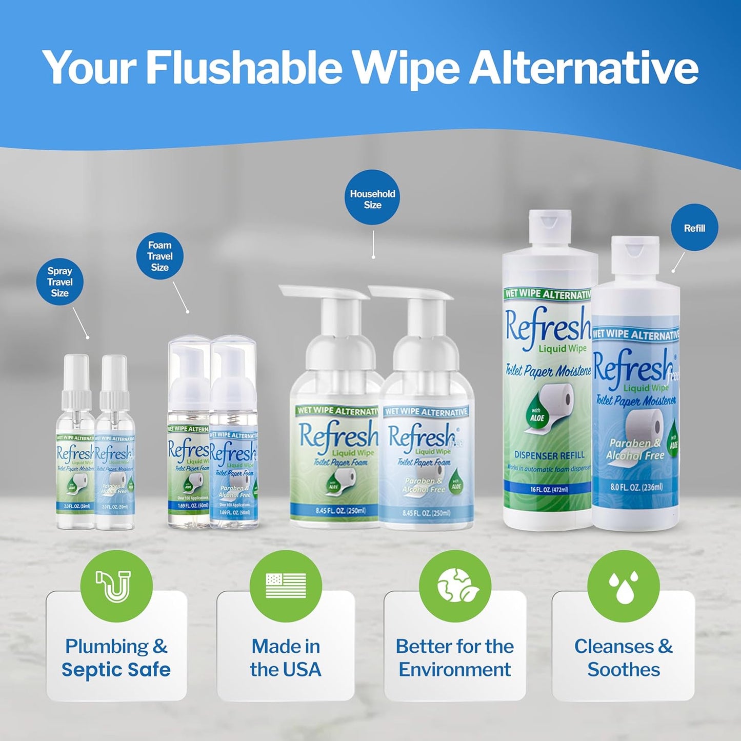 Refresh Liquid Wipe Alcohol-Free: Toilet Paper Foam | Eco-Friendly Wet Wipe Alternative For Sensitive Skin | Cleanses & Soothes with Witch Hazel & Aloe | Plumbing & Septic Safe |250ml (8.45 oz)