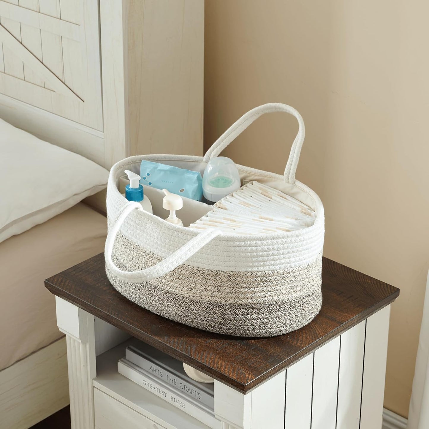 Baby Diaper Caddy Organizer, Large Cotton Rope Nursery Diaper Basket, Changing Table Organizer, Portable Tote Bag with Divider, Car Storage, Baby Shower Gifts for Newborn Girls - Gradient Brown