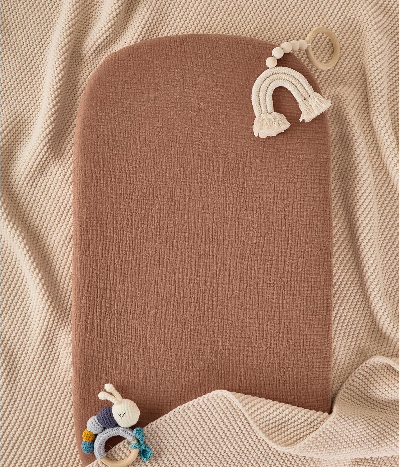 TILLYOU Muslin Bassinet Sheets Girls Boys, 100% Cotton Bassinet Sheets, Fit Oval, Rectangle and Square Mattress, 2 Pack,Caramel&Brown