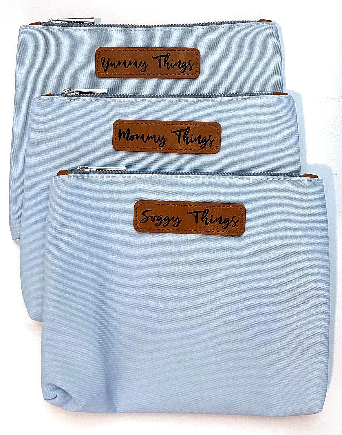 Stylish Diaper Bag Organizing Pouches - XL Set of 4 Light Blue Canvas Diaper Bag Pouches with Leather Embossed Labels, Leather Wristlet Strap & Durable Metal Zippers