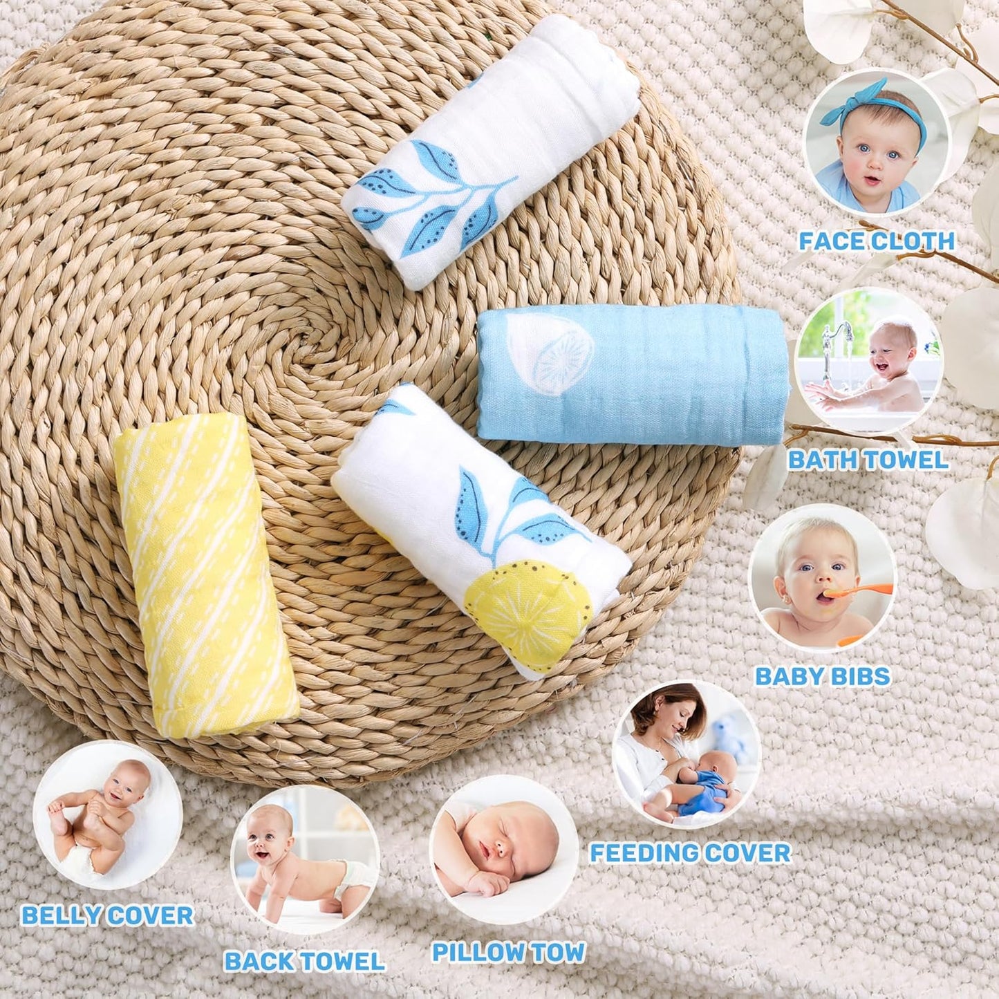 Viviland Baby Muslin Burp Cloths, Super Absorbent Washcloths for Baby Girl and Boy, 10 x 20 inches 6-Layer Baby Bath Towels, Lemon & Leaves 4 Pack